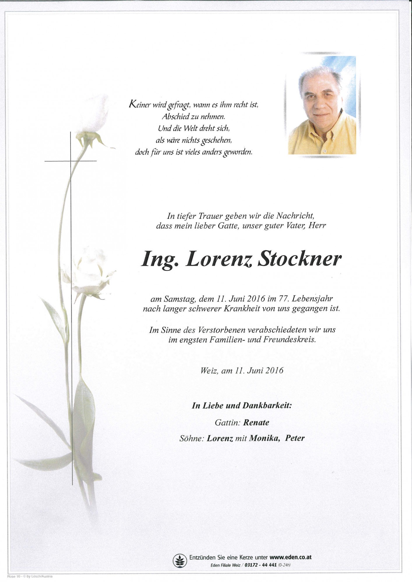 Traueranzeige von Ing. Lorenz Stockner