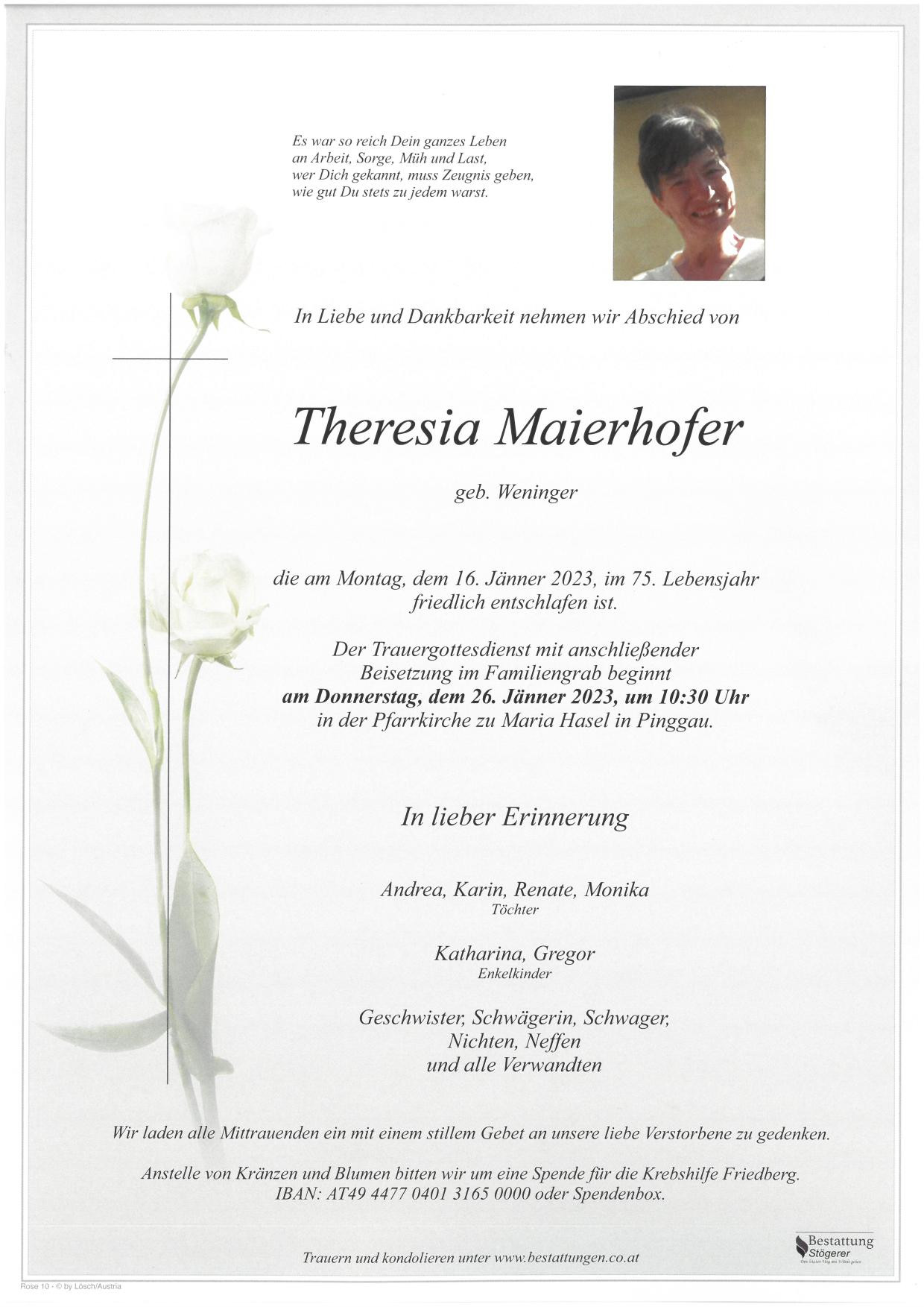Traueranzeige von Theresia Maierhofer