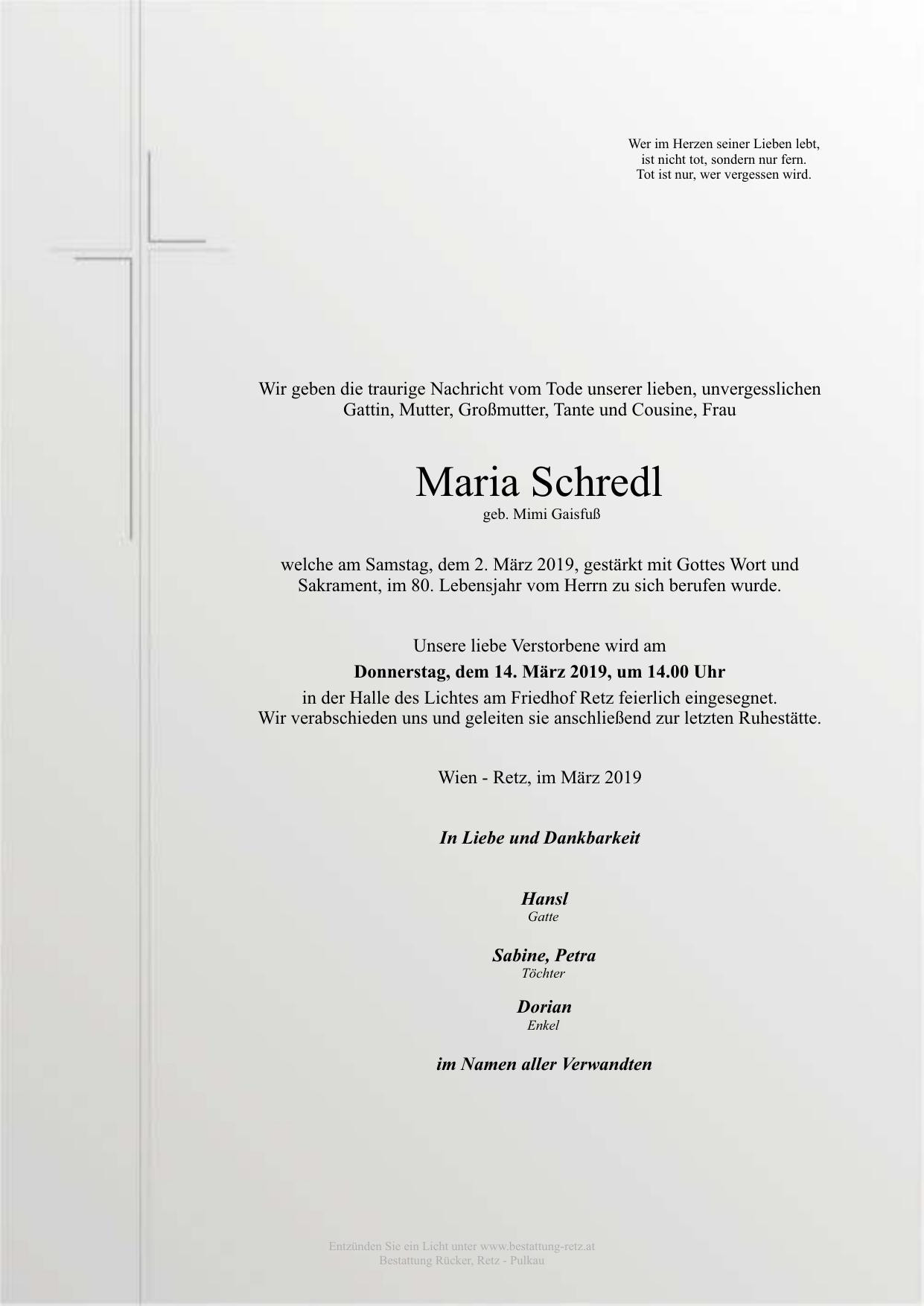 Traueranzeige von Maria Schredl