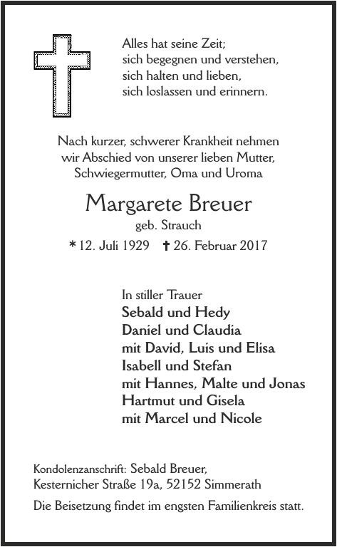 Traueranzeige von Margarete Breuer