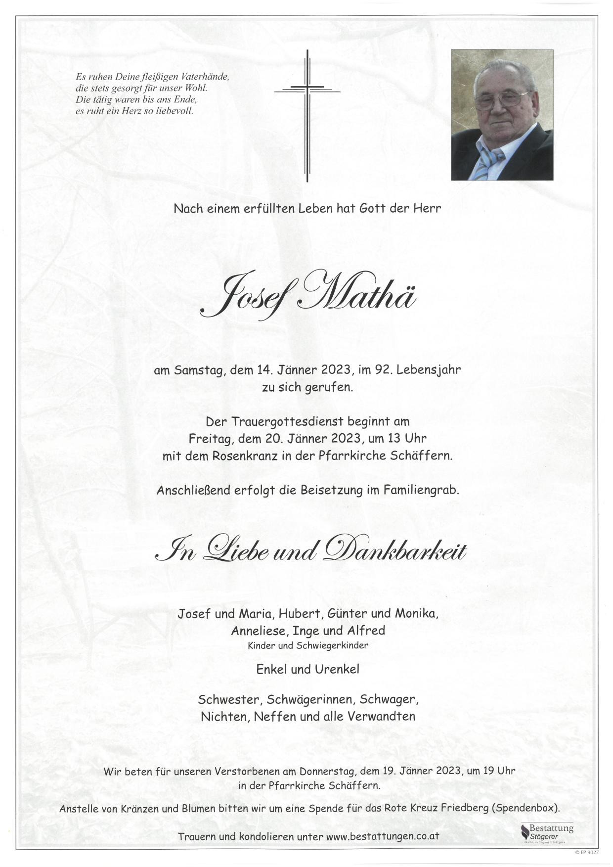 Traueranzeige von Josef Mathä