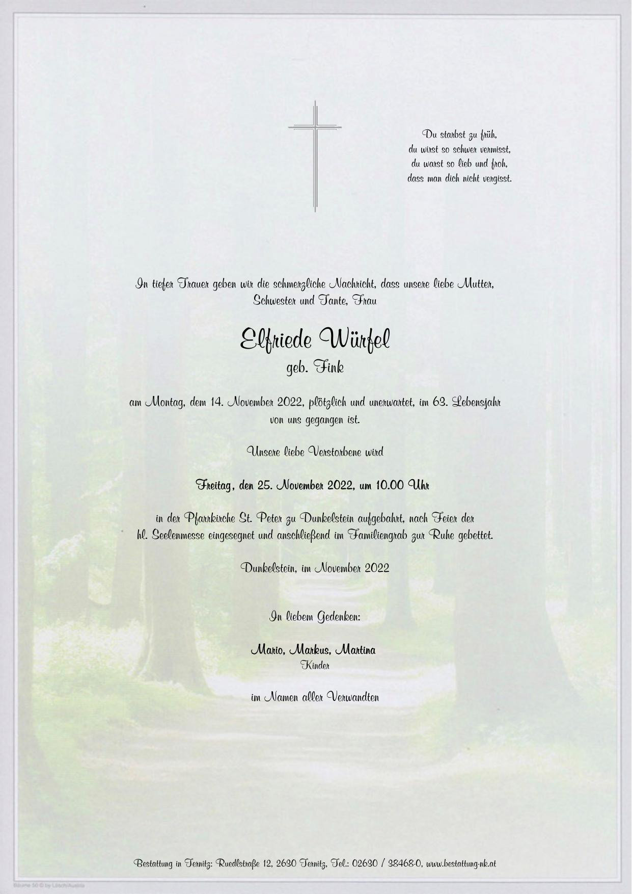 Traueranzeige von Elfriede Würfel