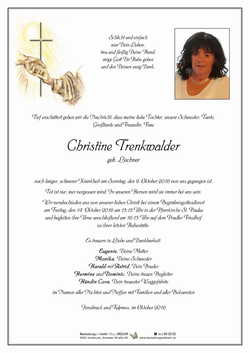 Traueranzeige von Christine Trenkwalder