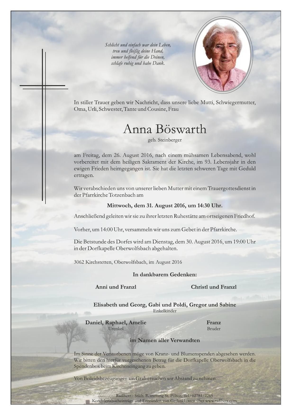 Traueranzeige von Anna Böswarth