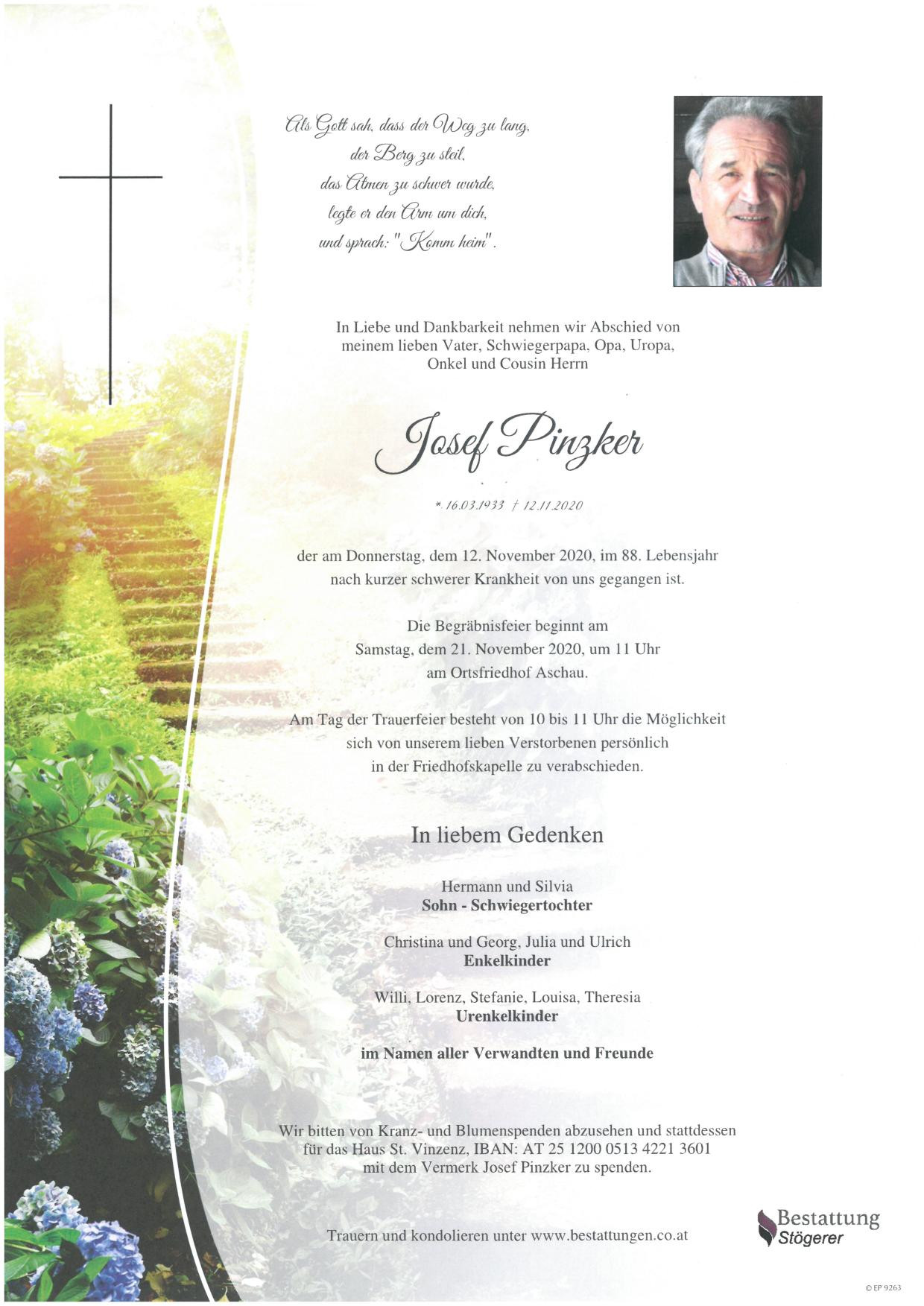 Traueranzeige von Josef Pinzker