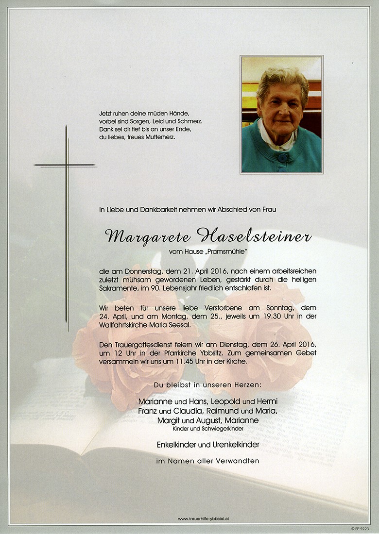 Traueranzeige von Margarete Haselsteiner