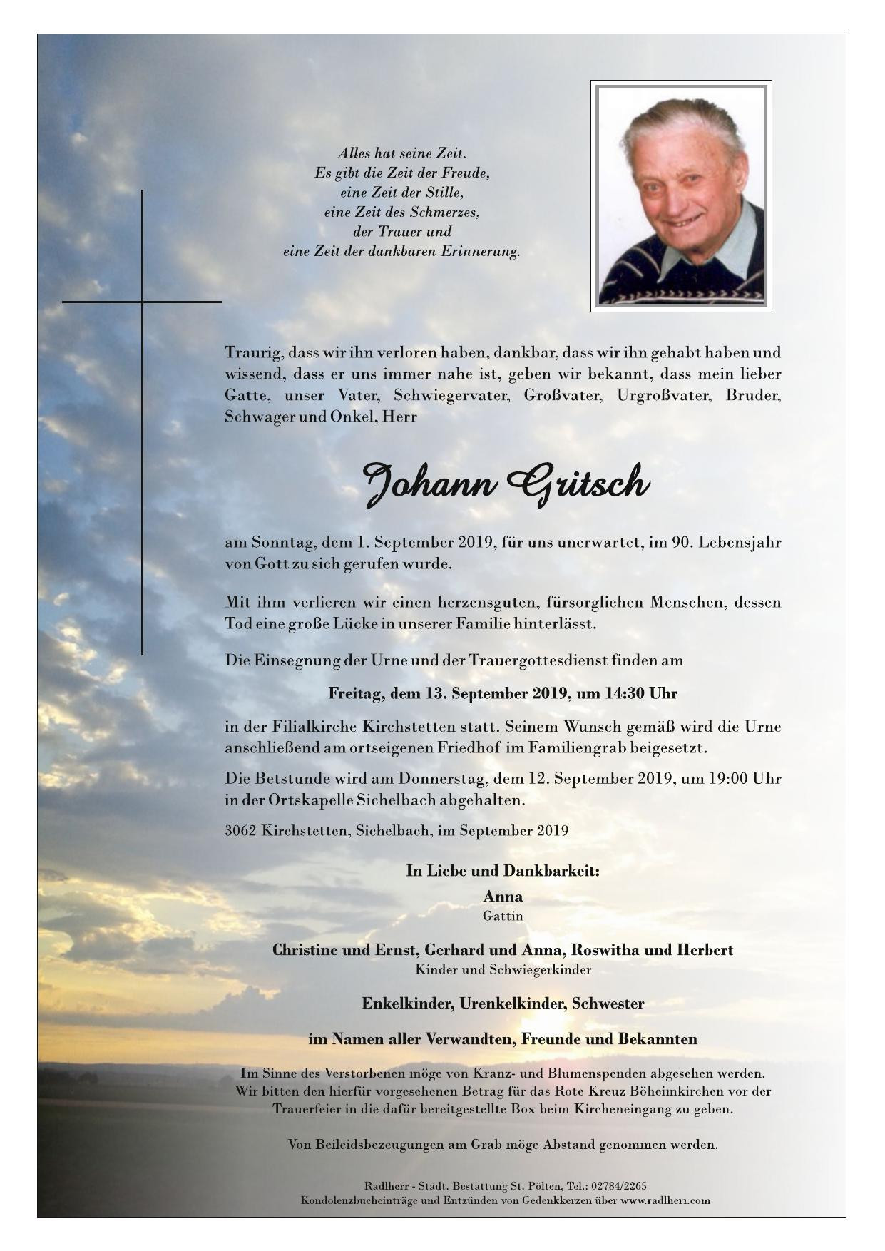 Traueranzeige von Johann Gritsch