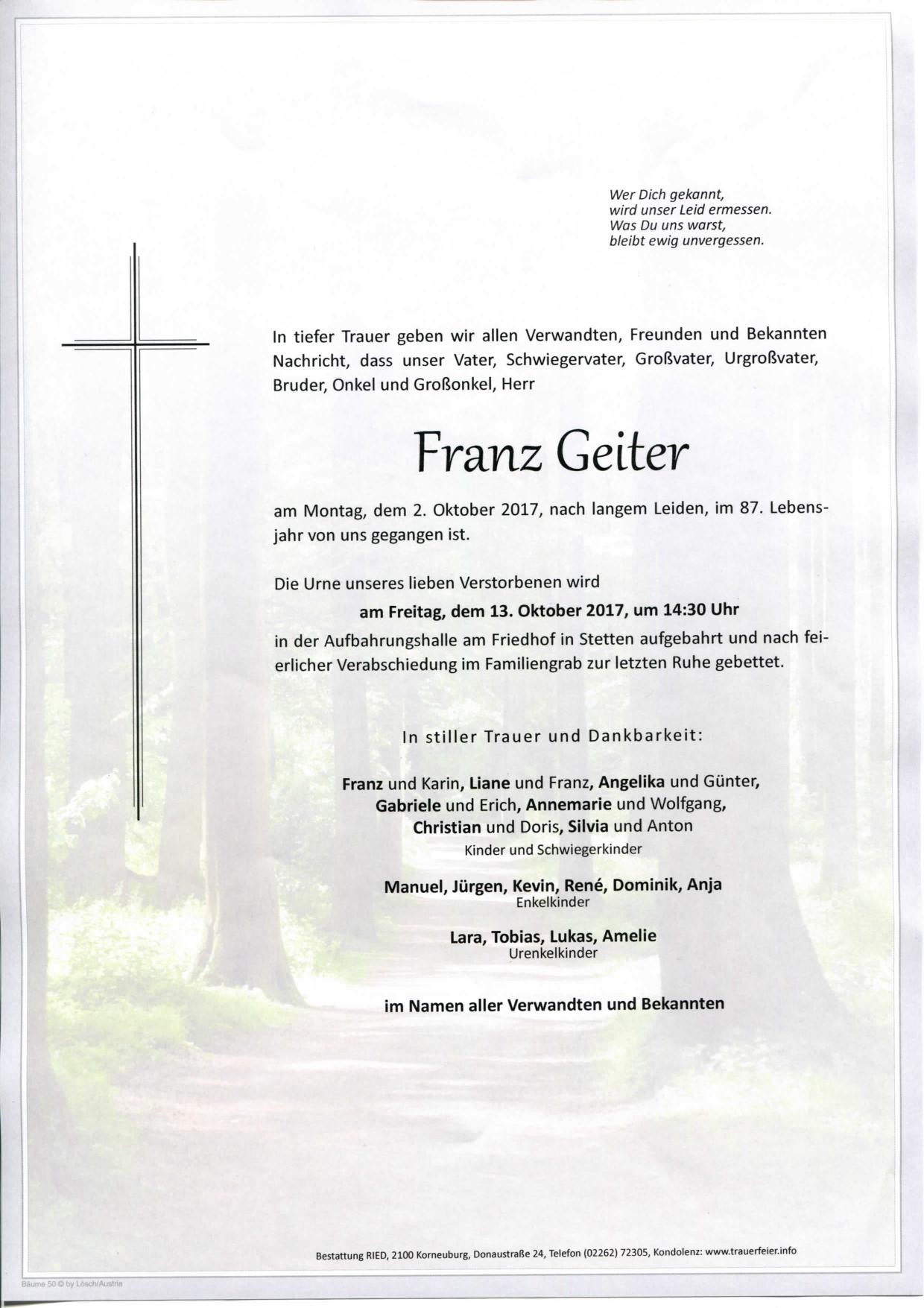 Traueranzeige von Franz Geiter