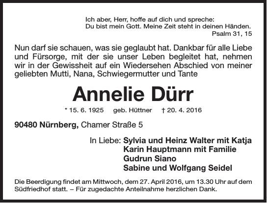 Traueranzeige von Annelie Dürr
