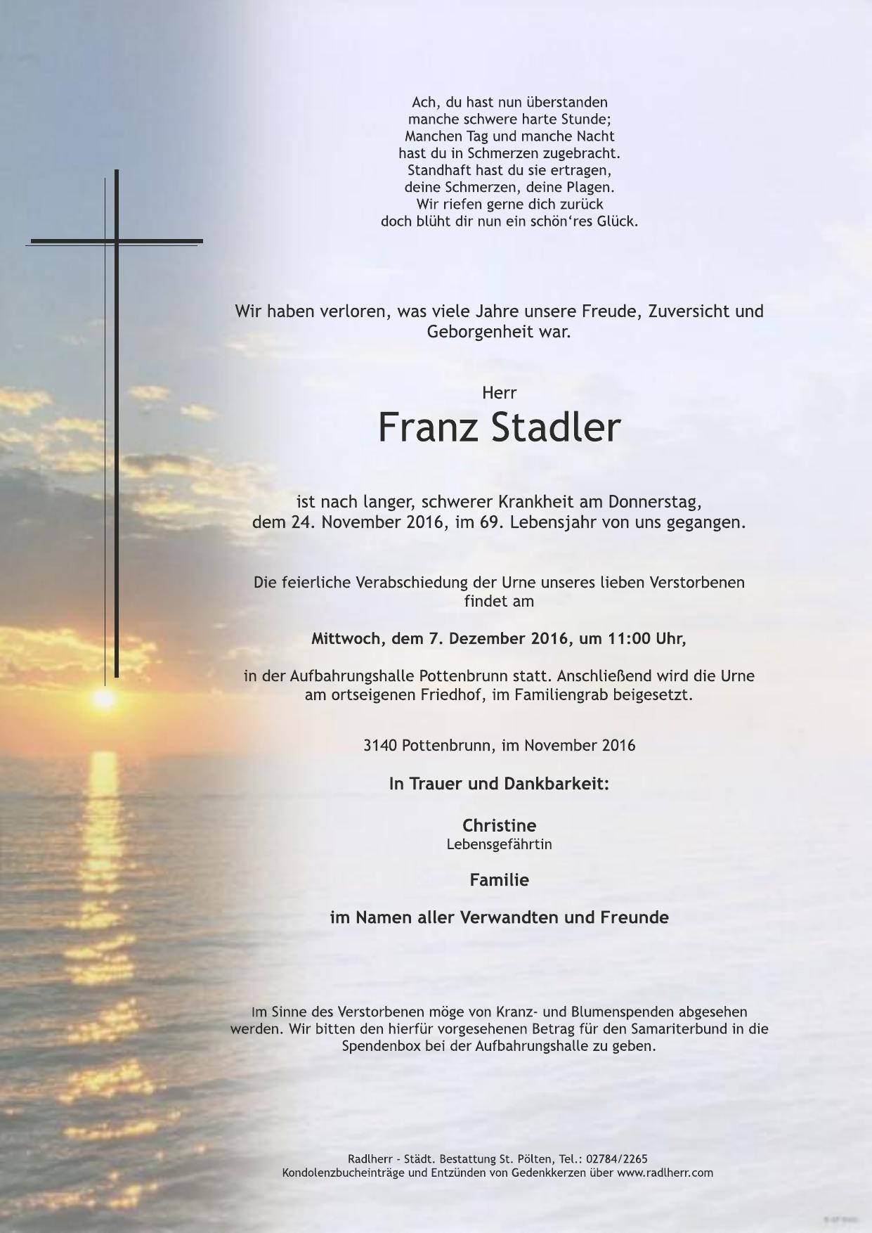 Traueranzeige von Franz Stadler