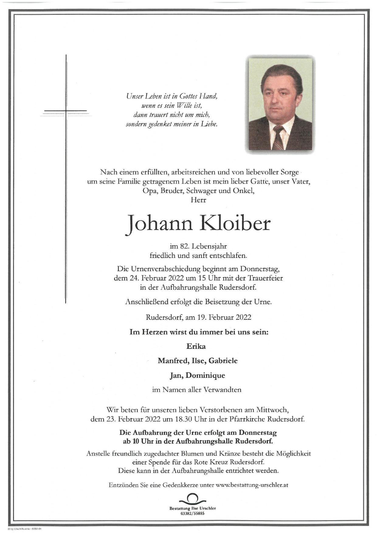 Traueranzeige von Johann Kloiber