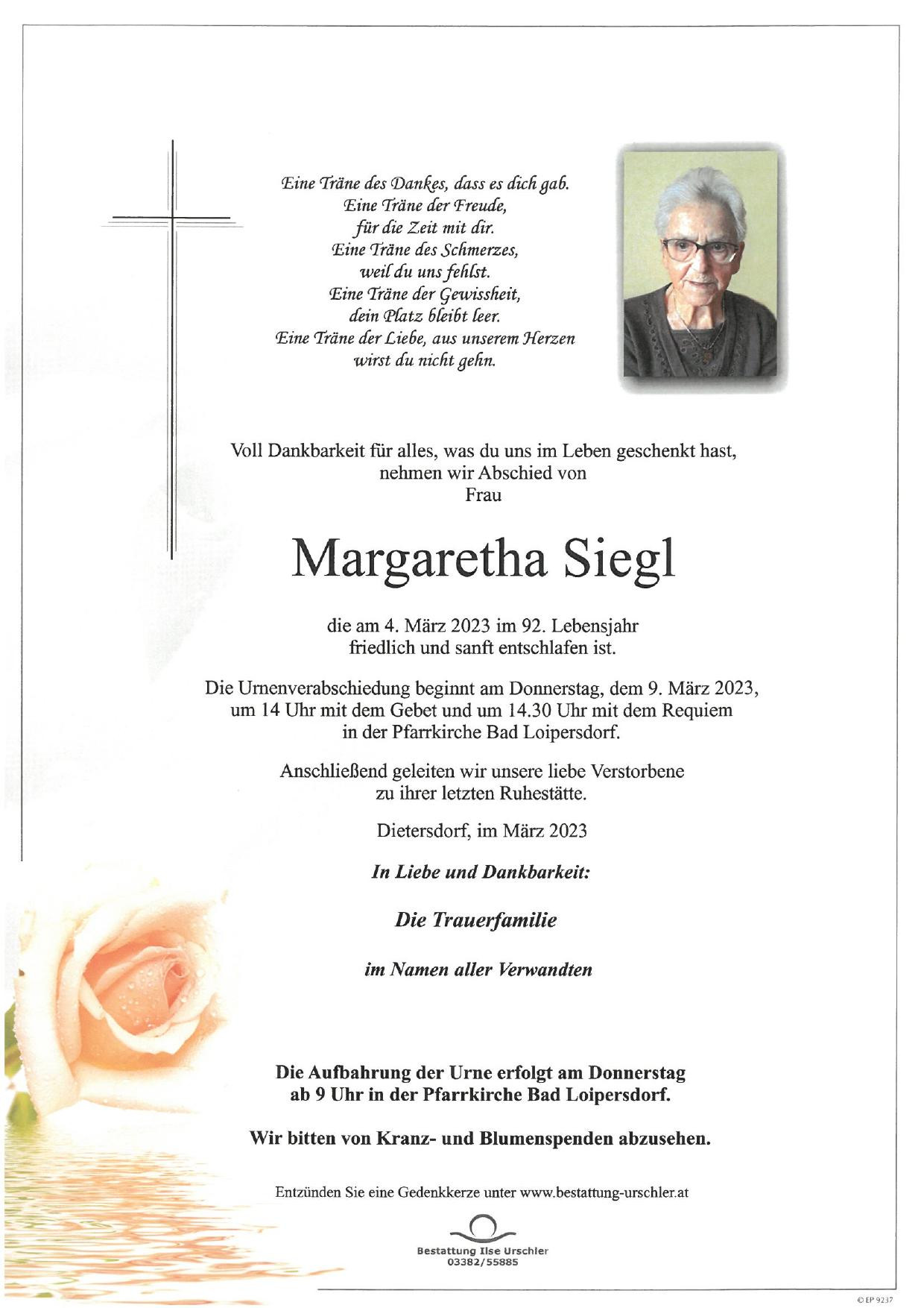 Traueranzeige von Margaretha Siegl