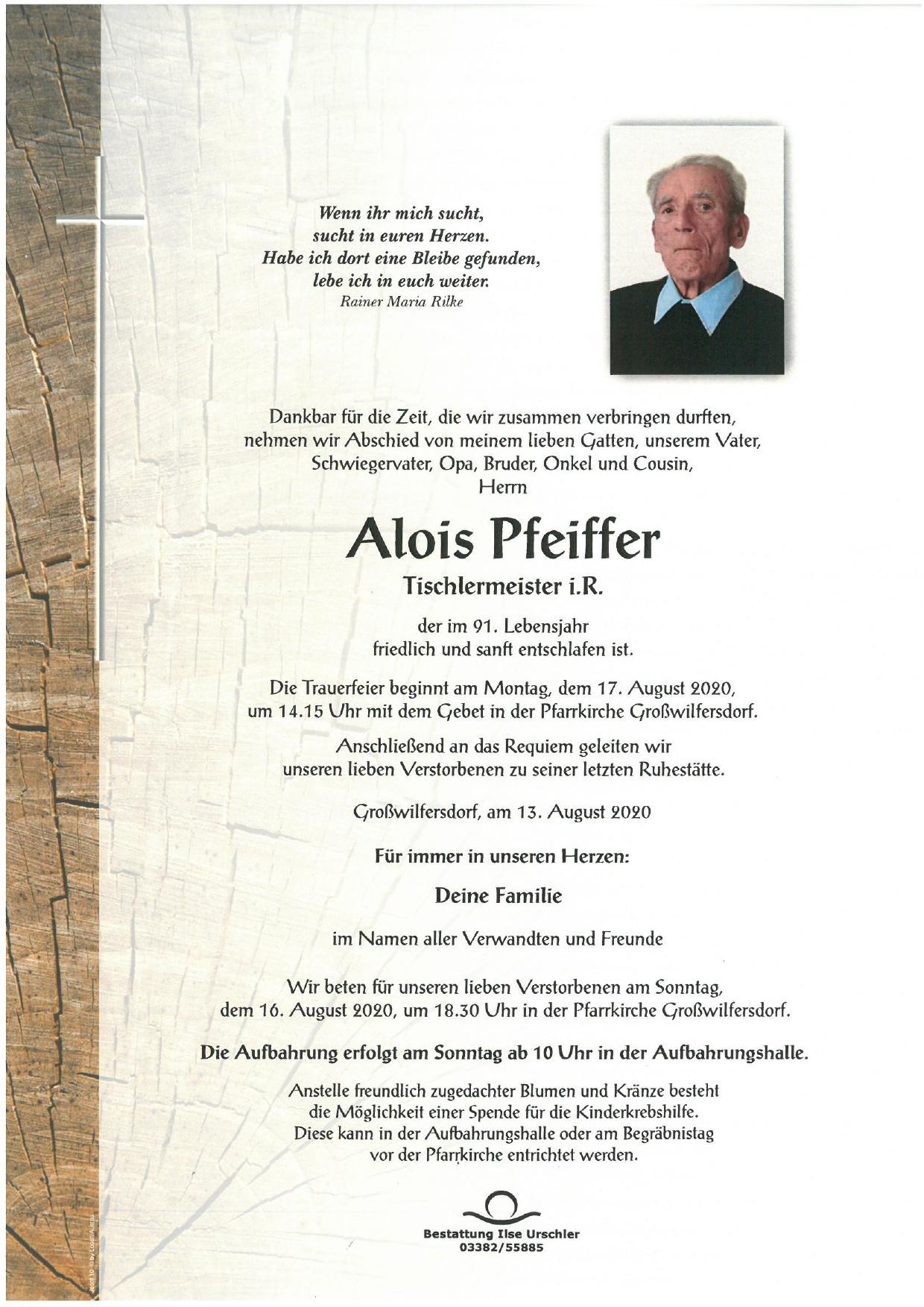 Traueranzeige von Alois Peiffer