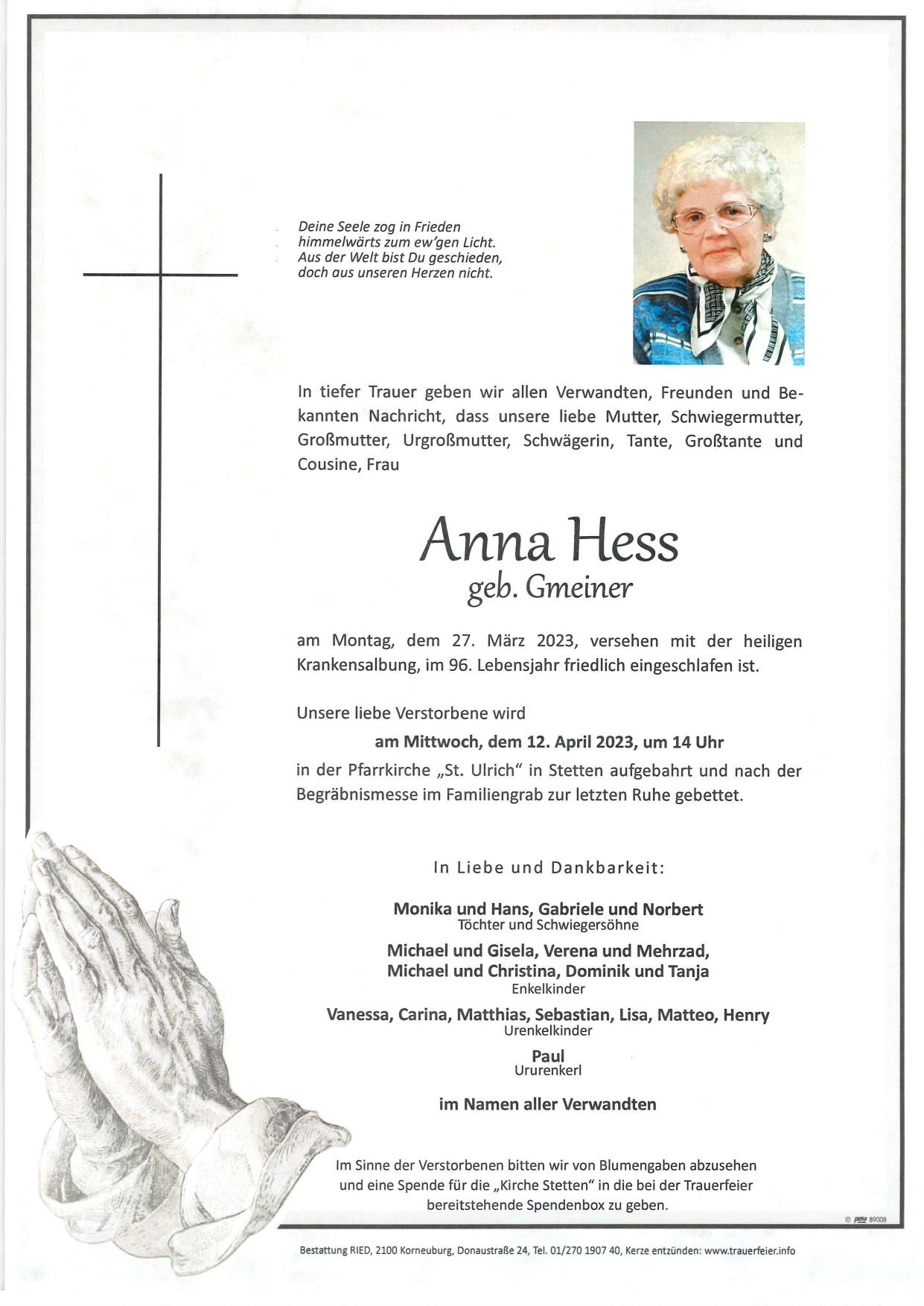 Traueranzeige von Anna Hess