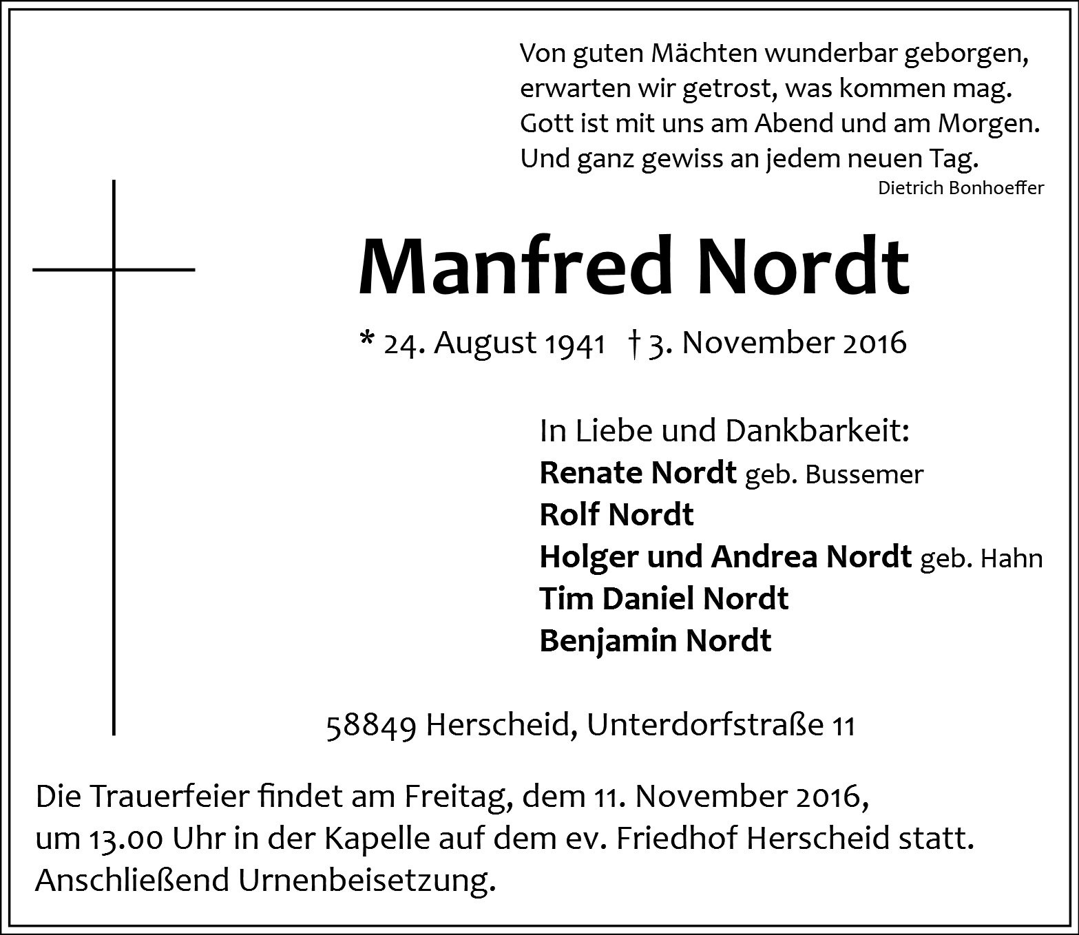 Traueranzeige von Manfred Nordt