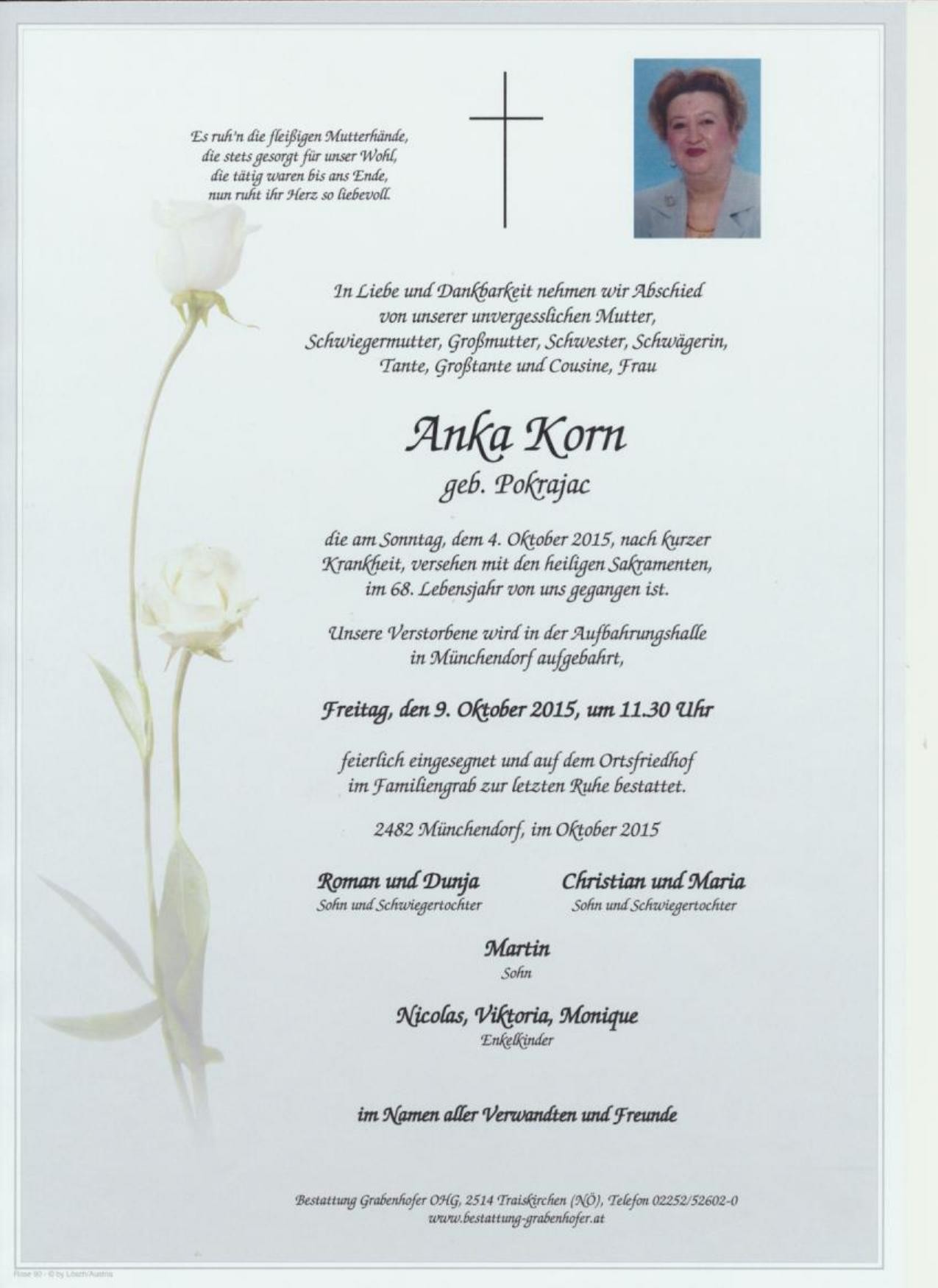 Traueranzeige von Anka Korn