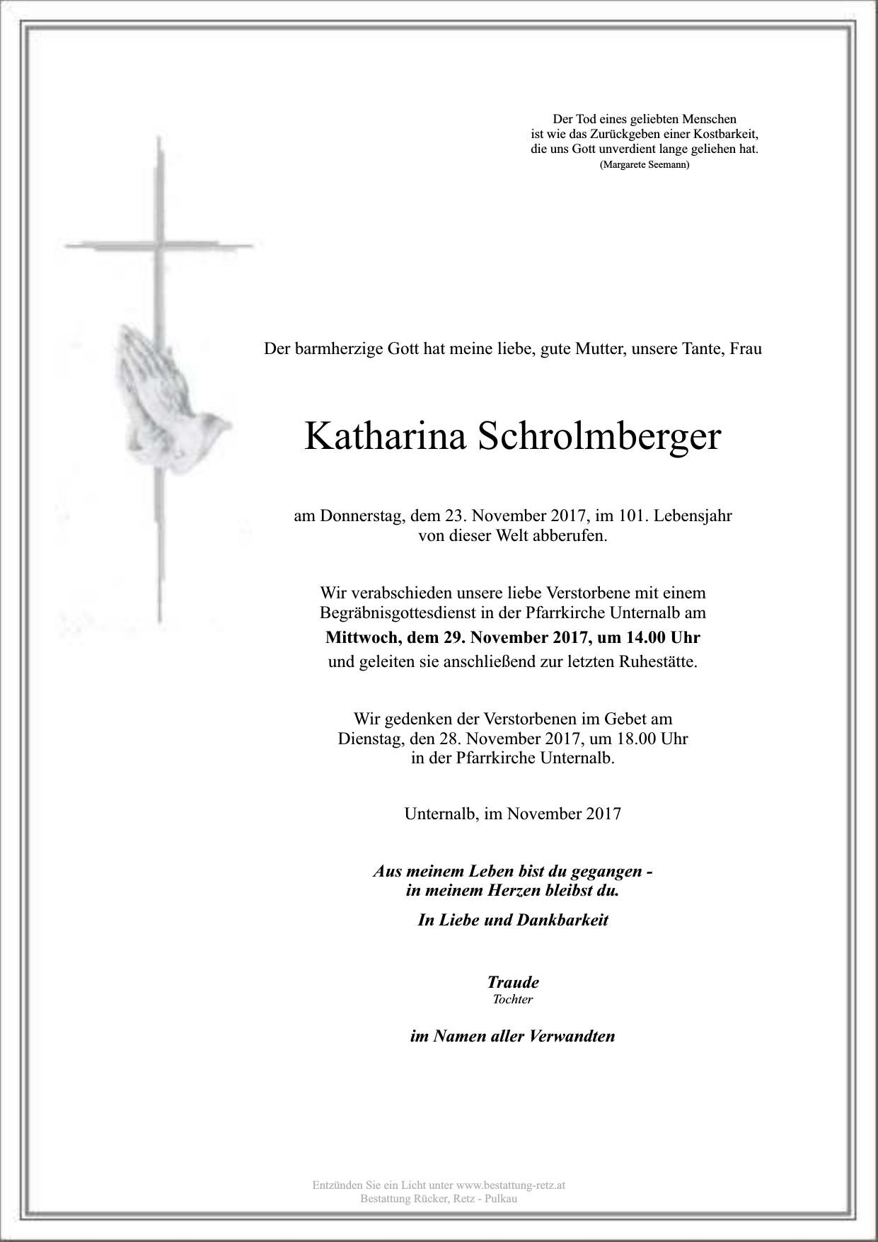 Traueranzeige von Katharina Schrolmberger