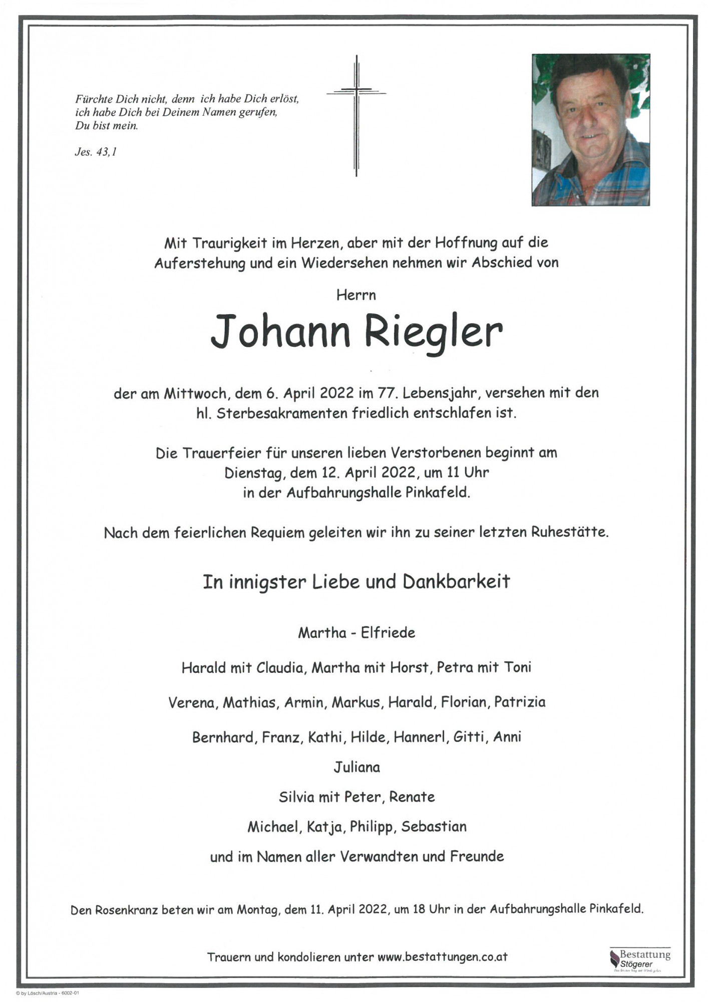 Traueranzeige von Johann Riegler