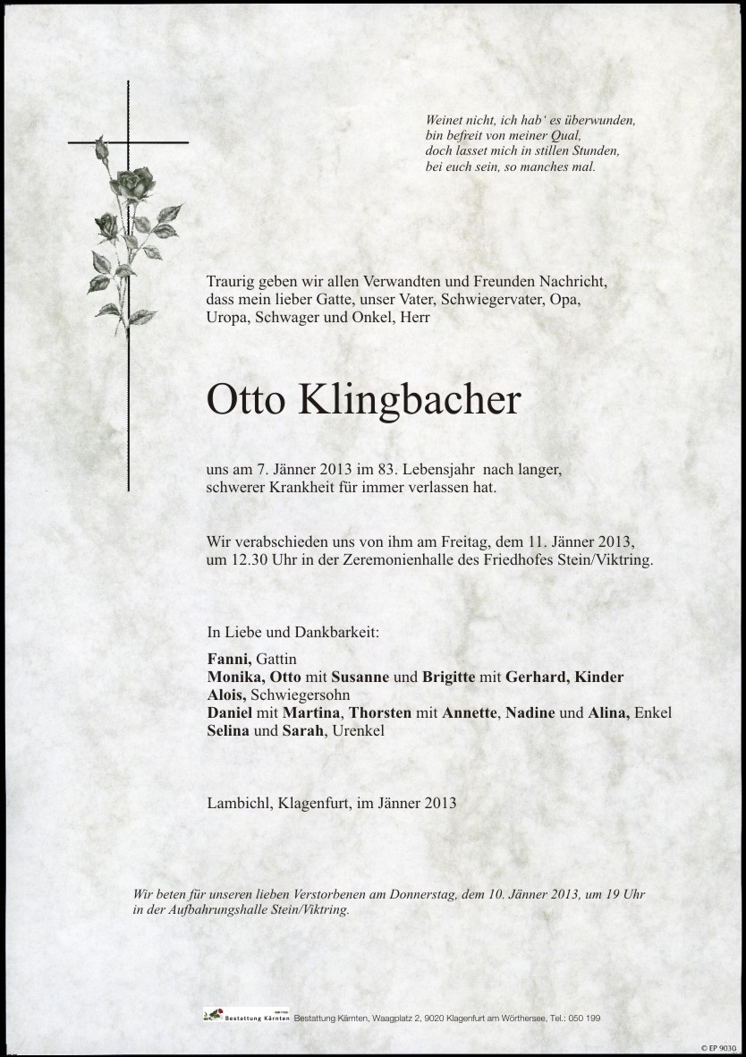 Traueranzeige von Otto Klingbacher