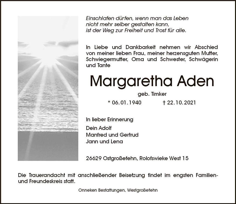 Traueranzeige von Margaretha Aden