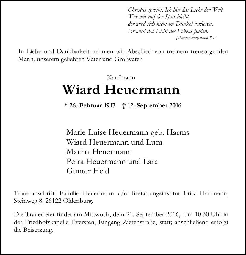 Traueranzeige von Wiard Heuermann