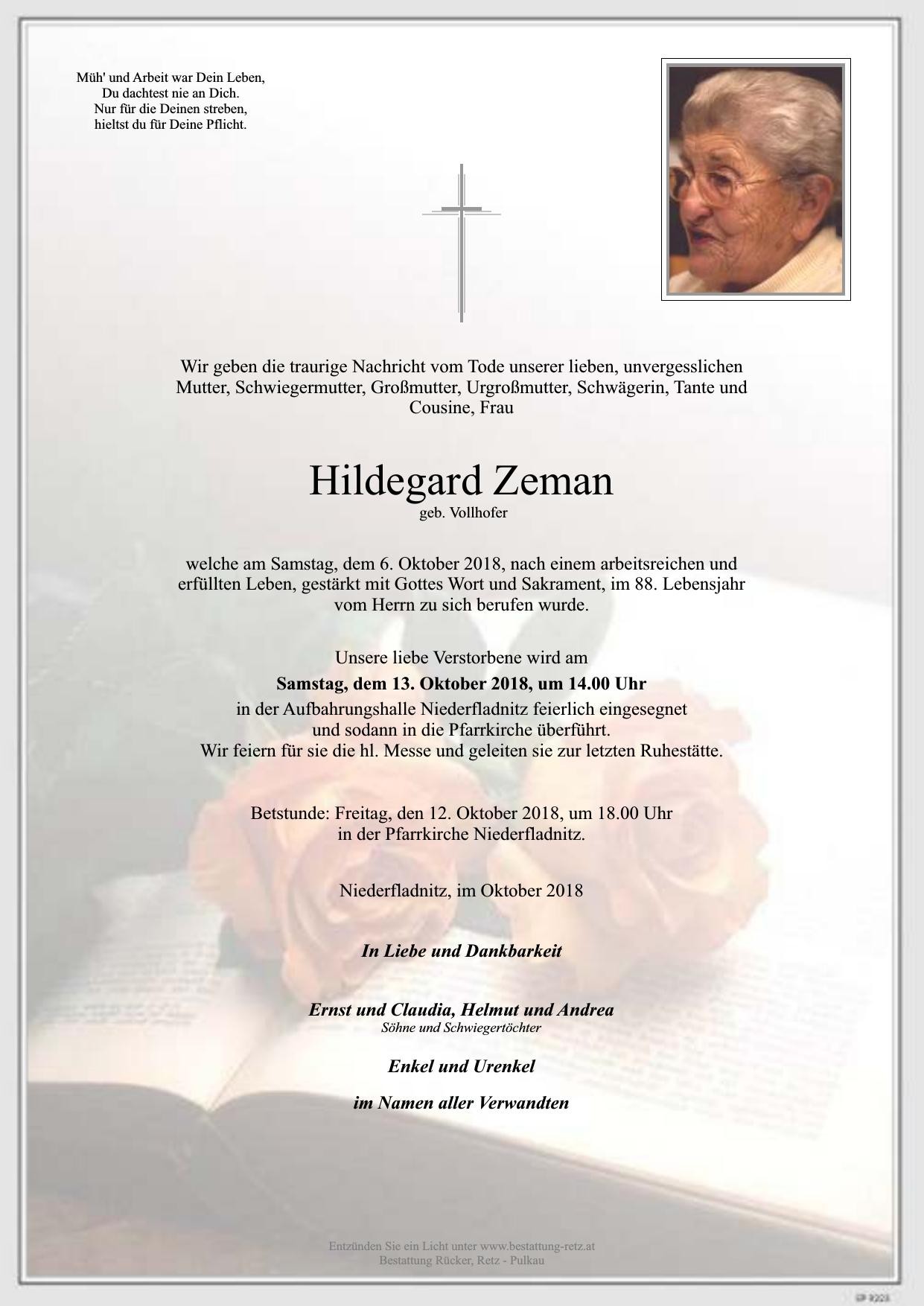 Traueranzeige von Hildegard Zeman