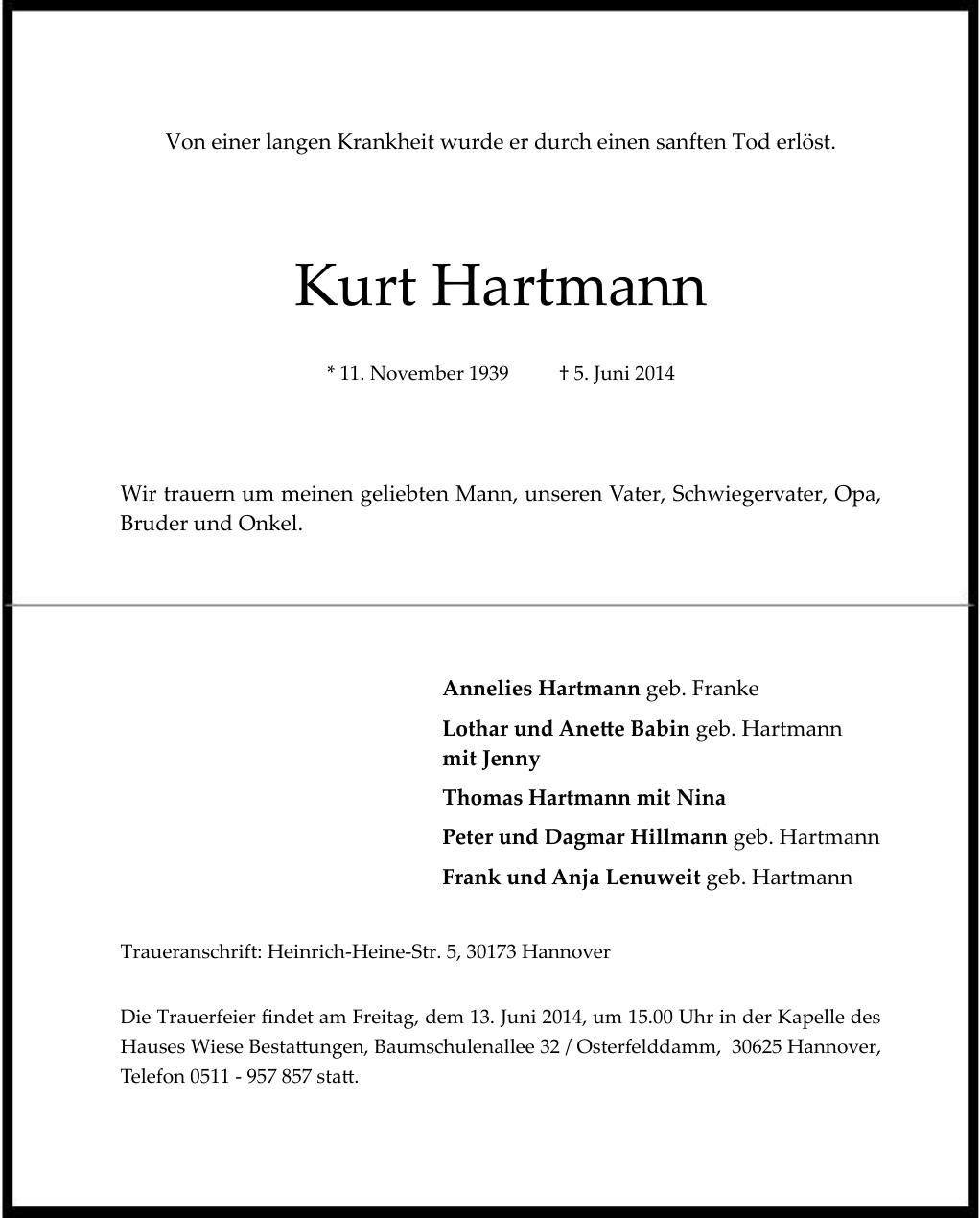 Traueranzeige von Kurt Hartmann