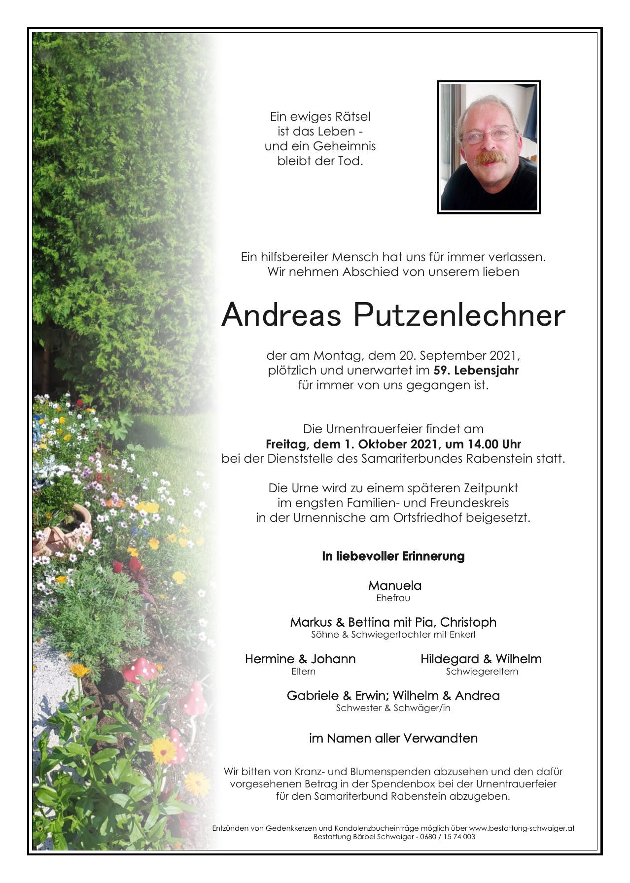 Traueranzeige von Andreas Putzenlechner