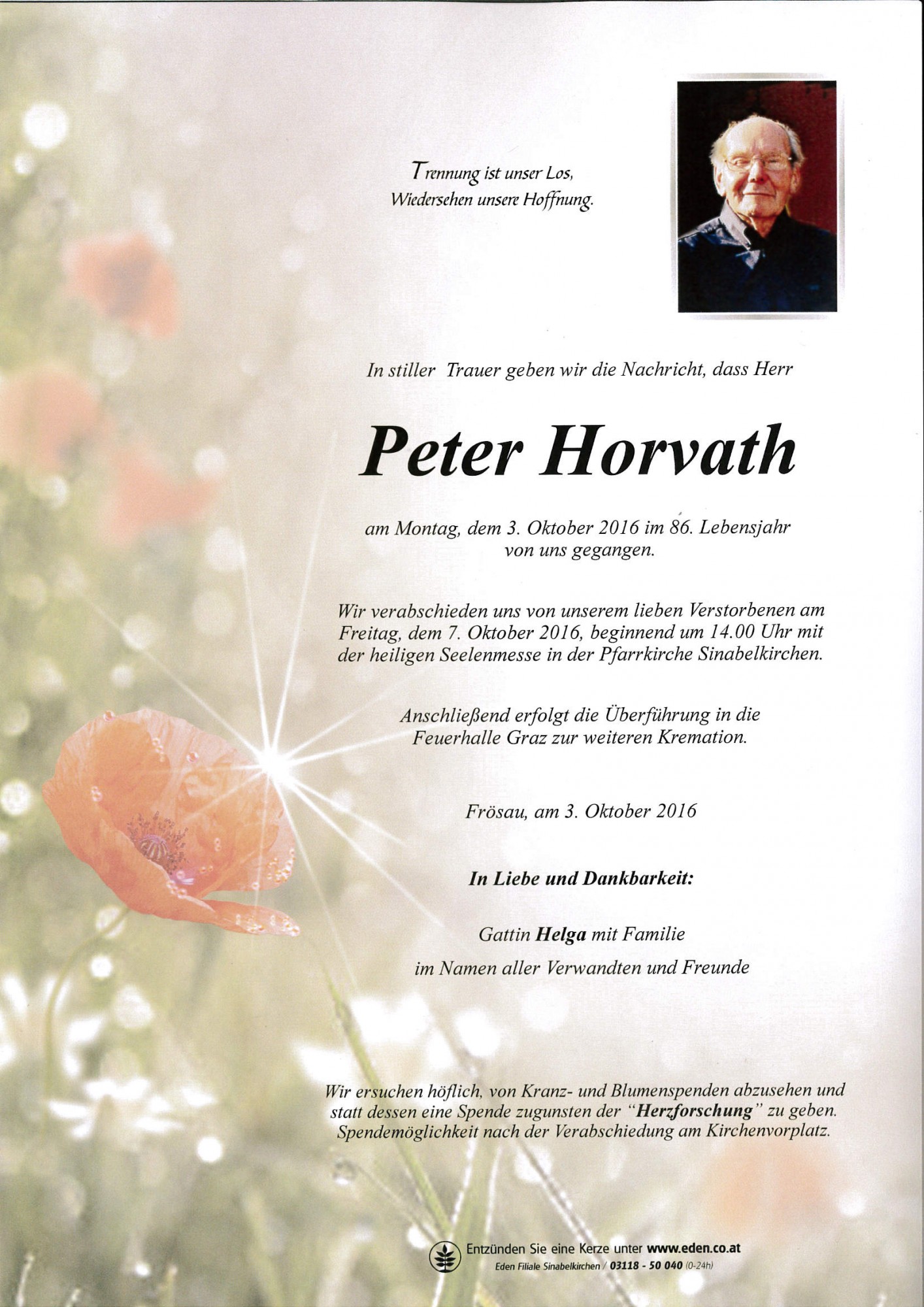 Traueranzeige von Peter Horvath