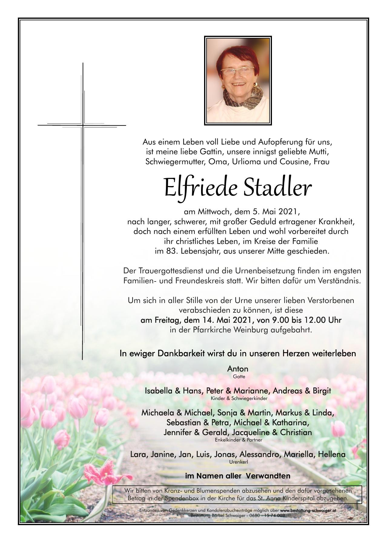 Traueranzeige von Elfriede Stadler