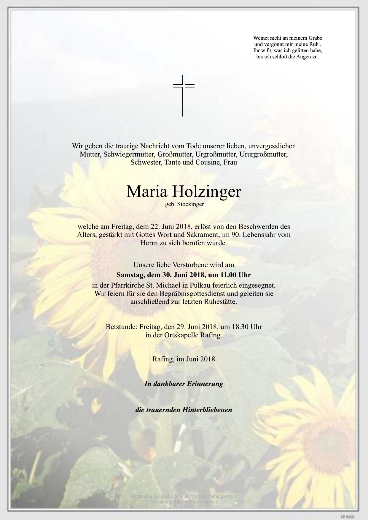 Traueranzeige von Maria Holzinger