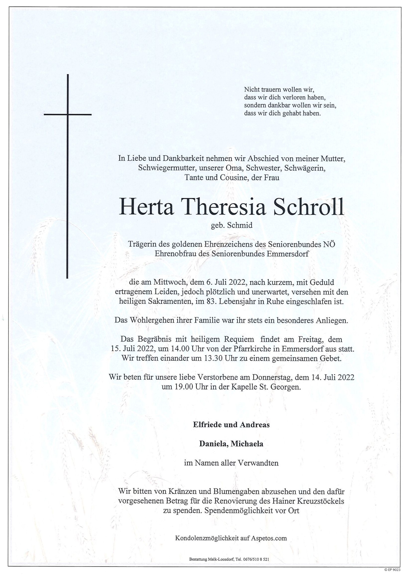 Traueranzeige von Herta Theresia Schroll