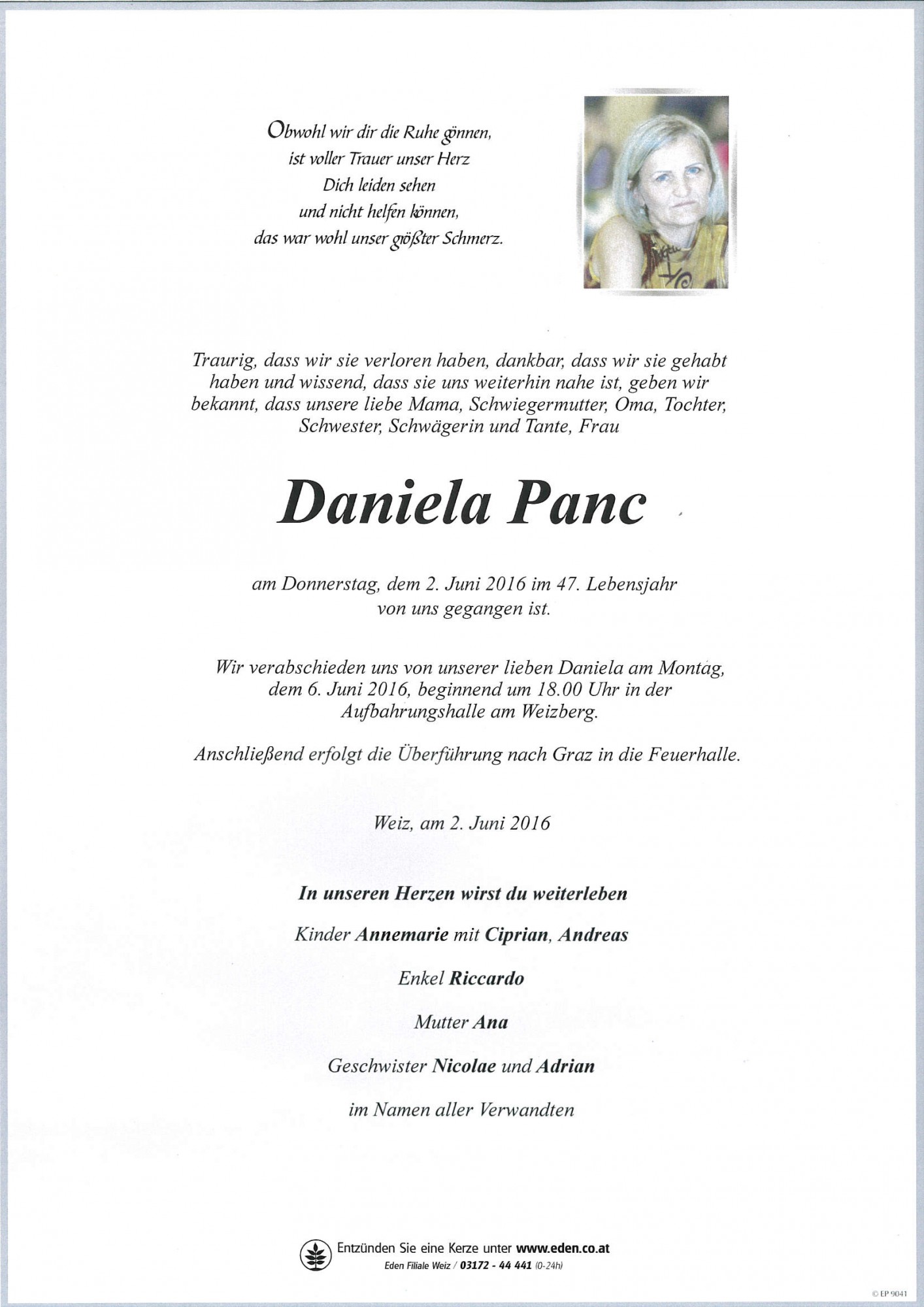 Traueranzeige von Daniela Panc