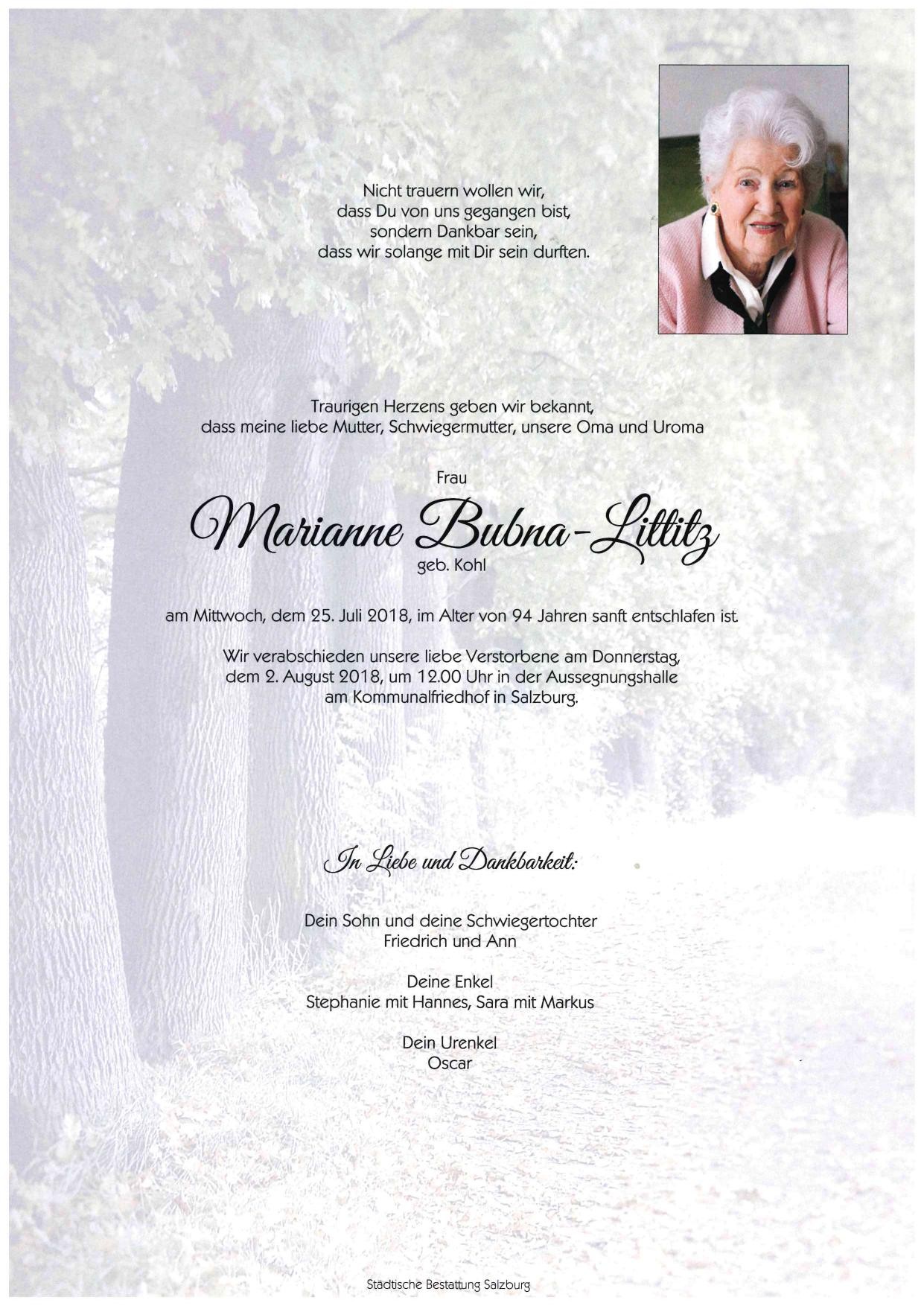 Traueranzeige von Marianne Bubna-Littitz