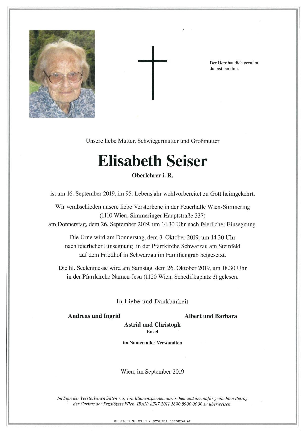 Traueranzeige von Elisabeth Seiser