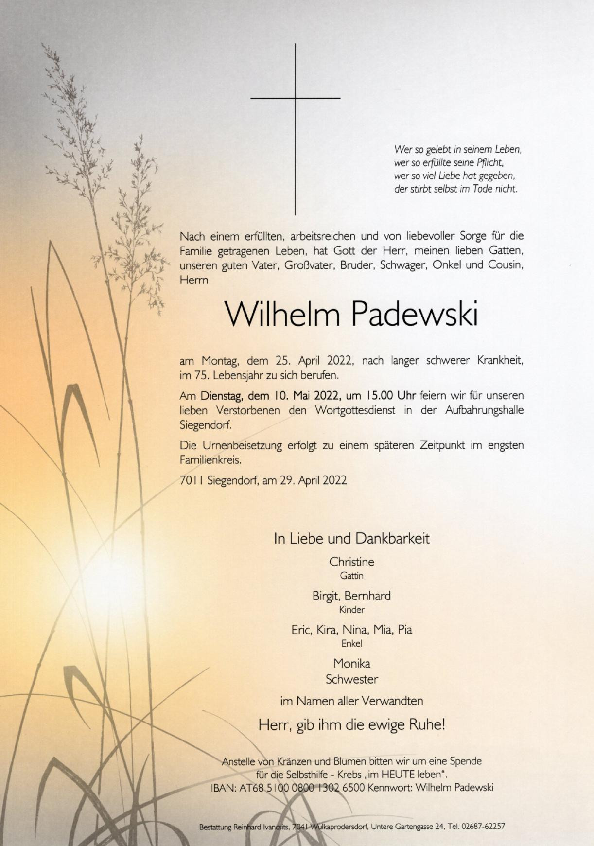 Traueranzeige von Wilhelm Padewski