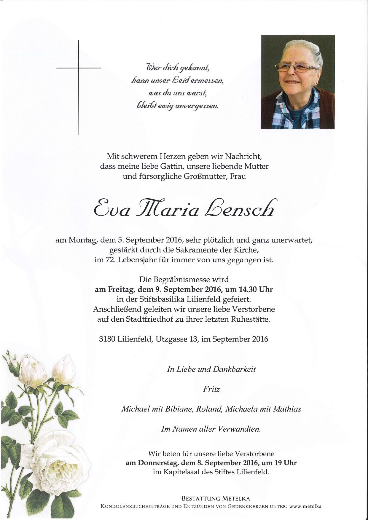 Traueranzeige von Eva Maria Lensch