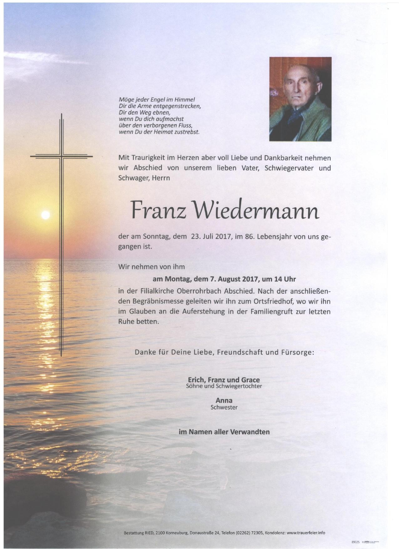 Traueranzeige von Franz Wiedermann