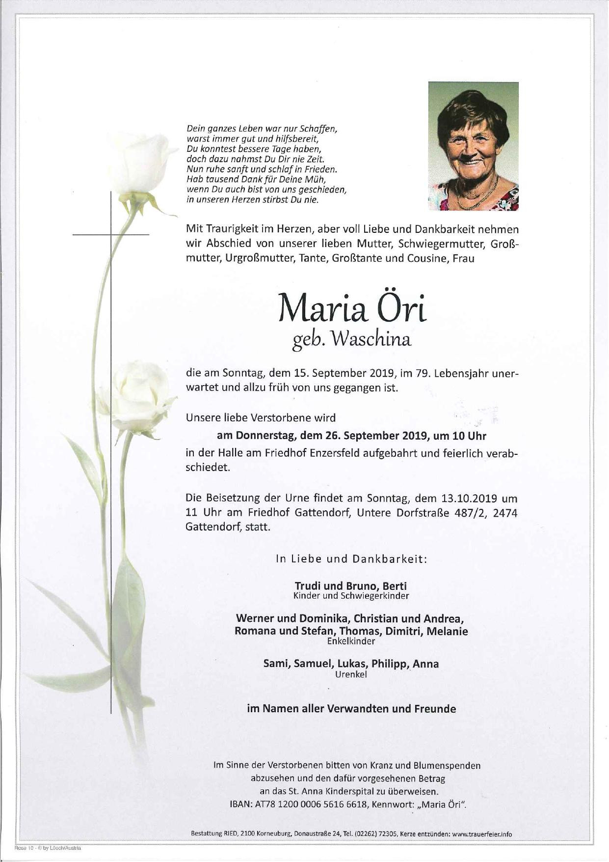 Traueranzeige von Maria Öri