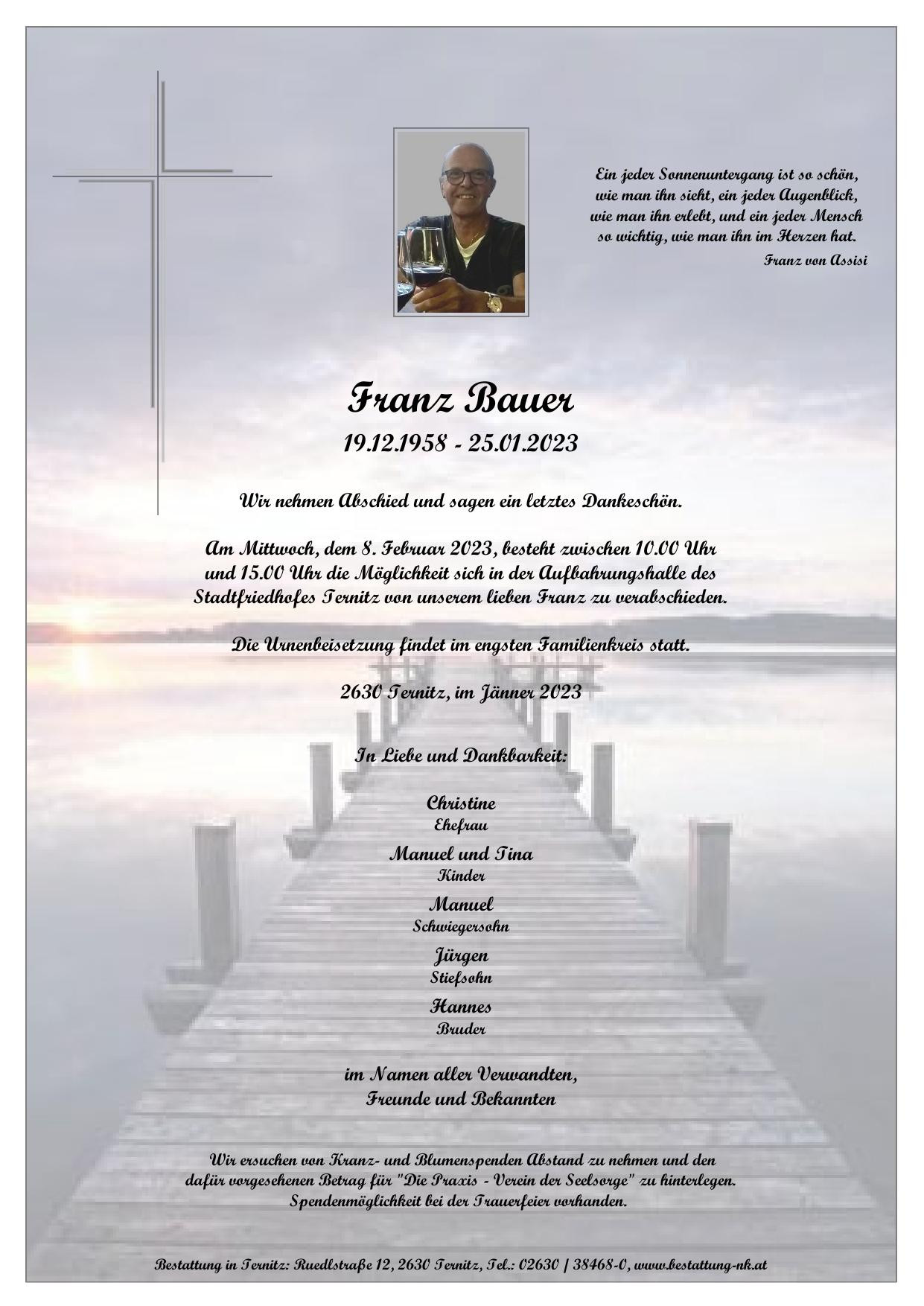 Traueranzeige von Franz Bauer
