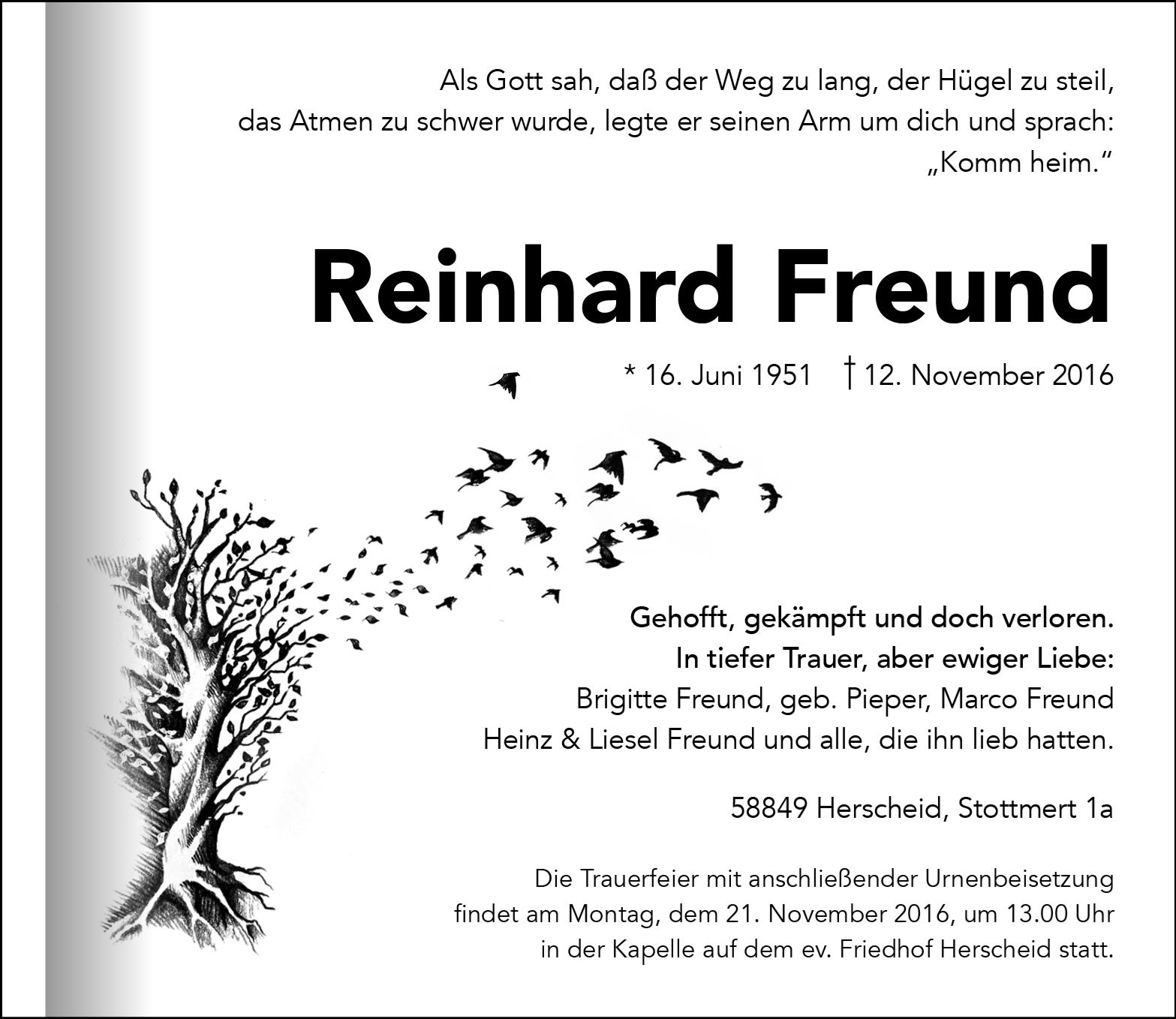 Traueranzeige von Reinhardt Freund