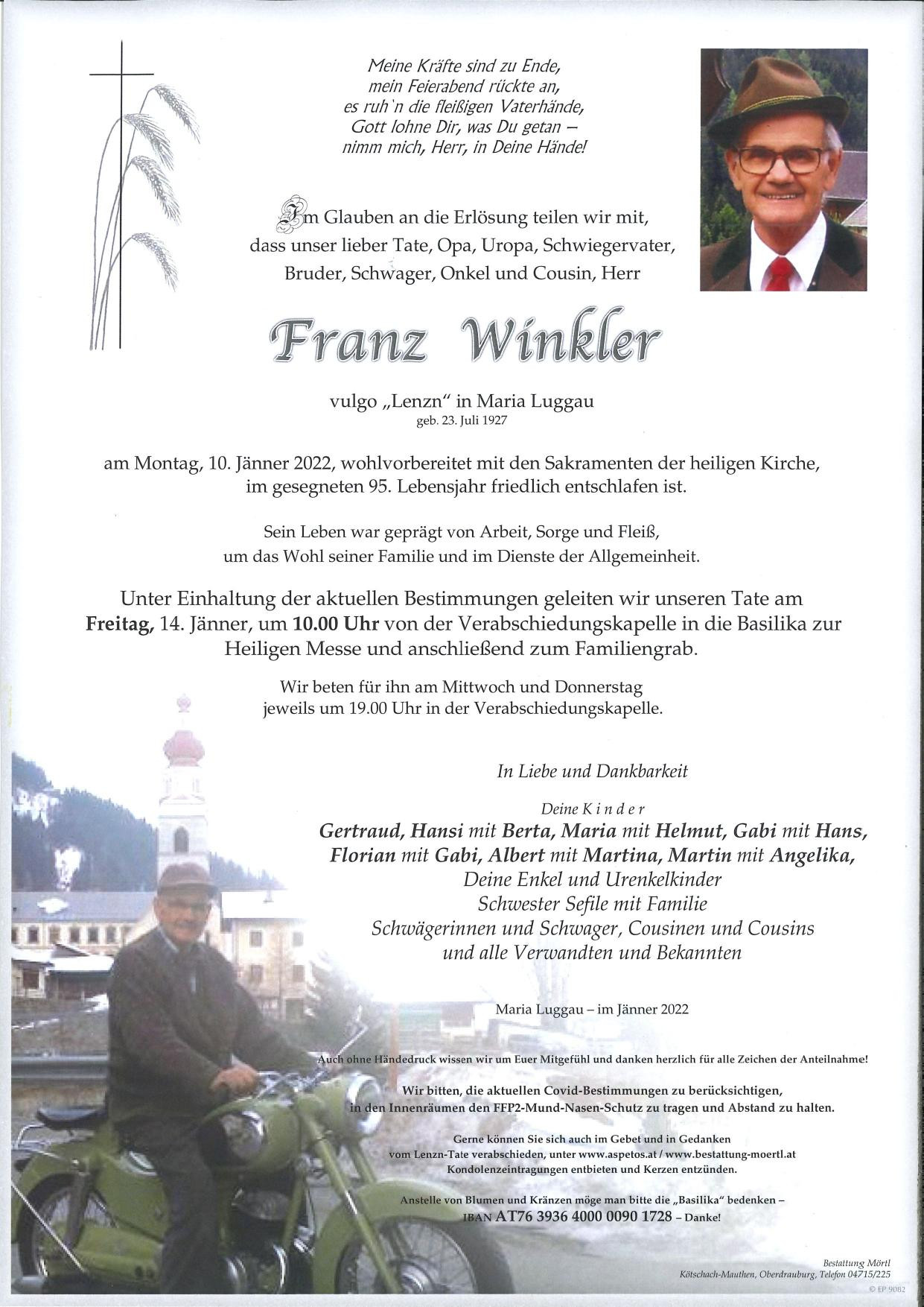 Traueranzeige von Franz Winkler