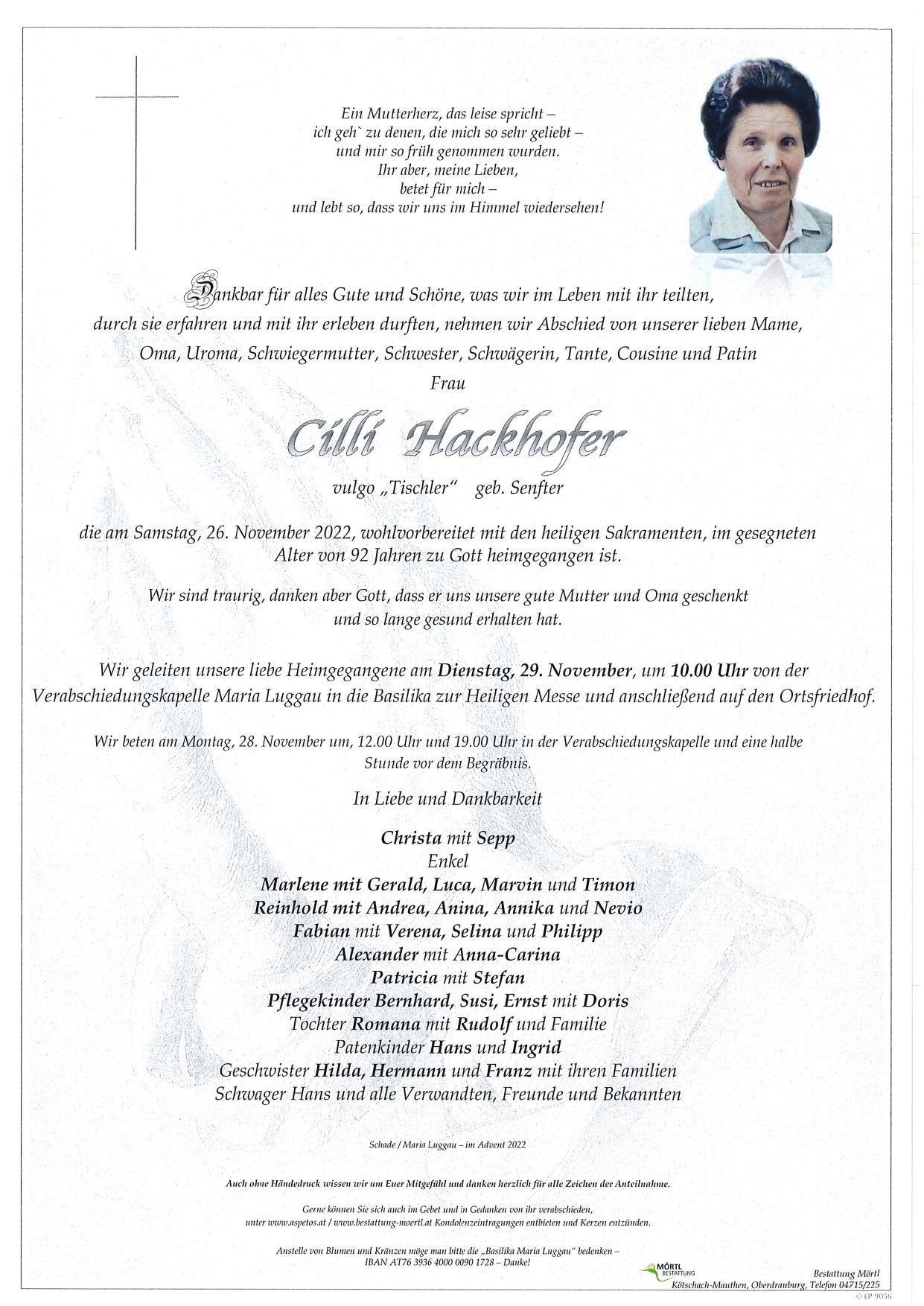 Traueranzeige von Cilli Hackhofer