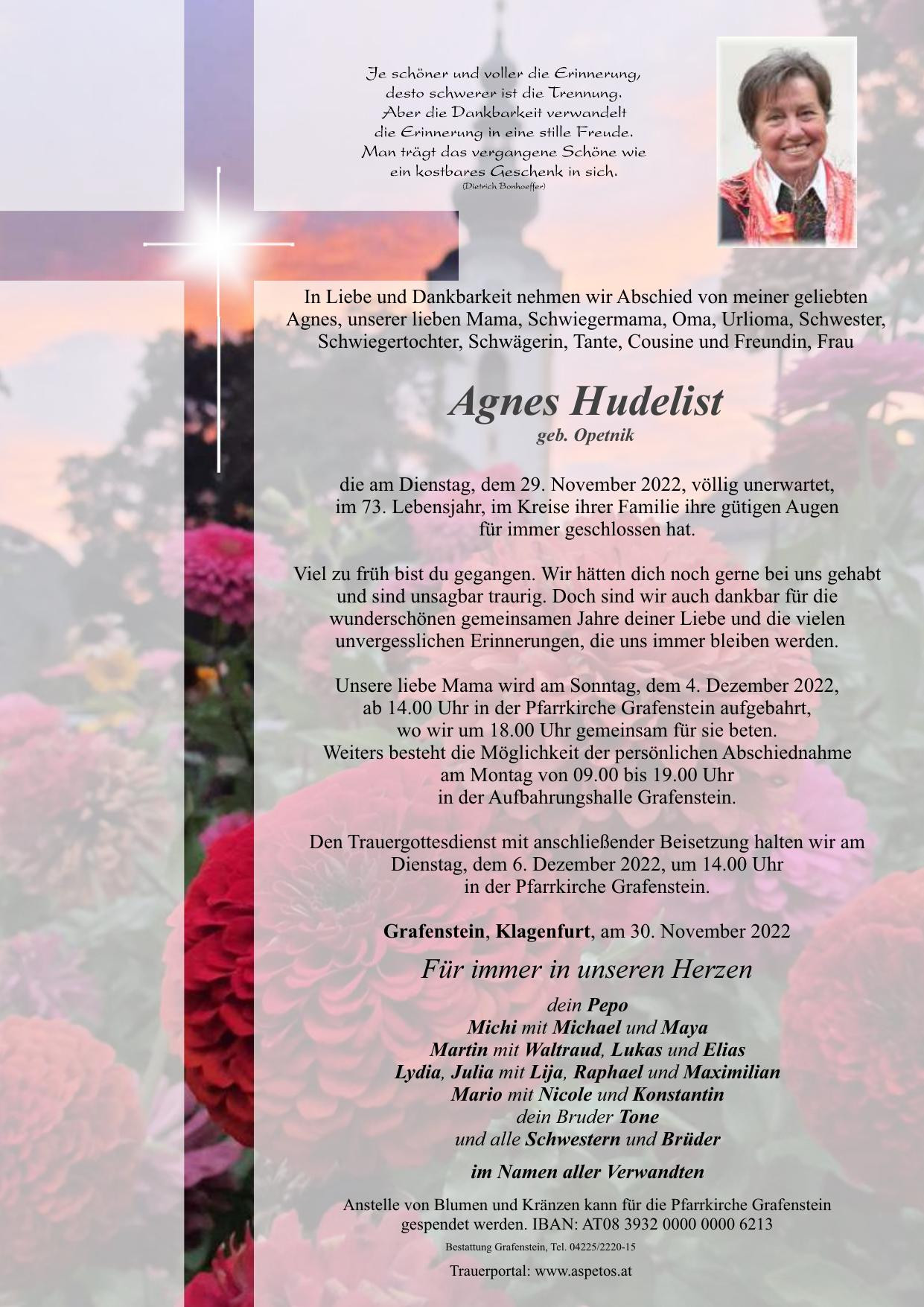 Traueranzeige von Agnes Hudelist