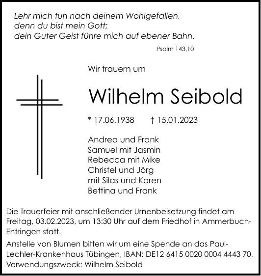 Traueranzeige von Wilhelm Seibold
