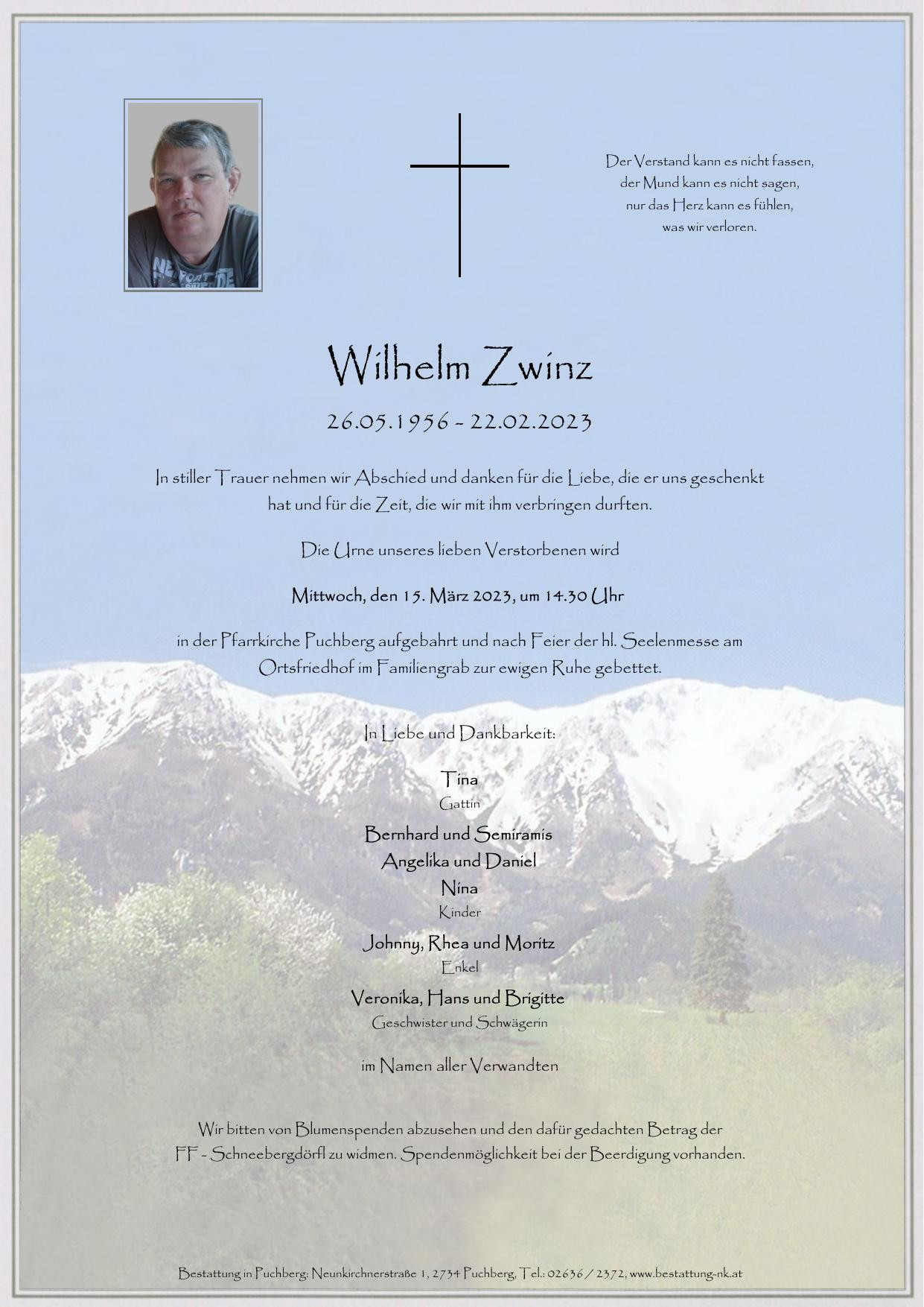 Traueranzeige von Wilhelm Zwinz