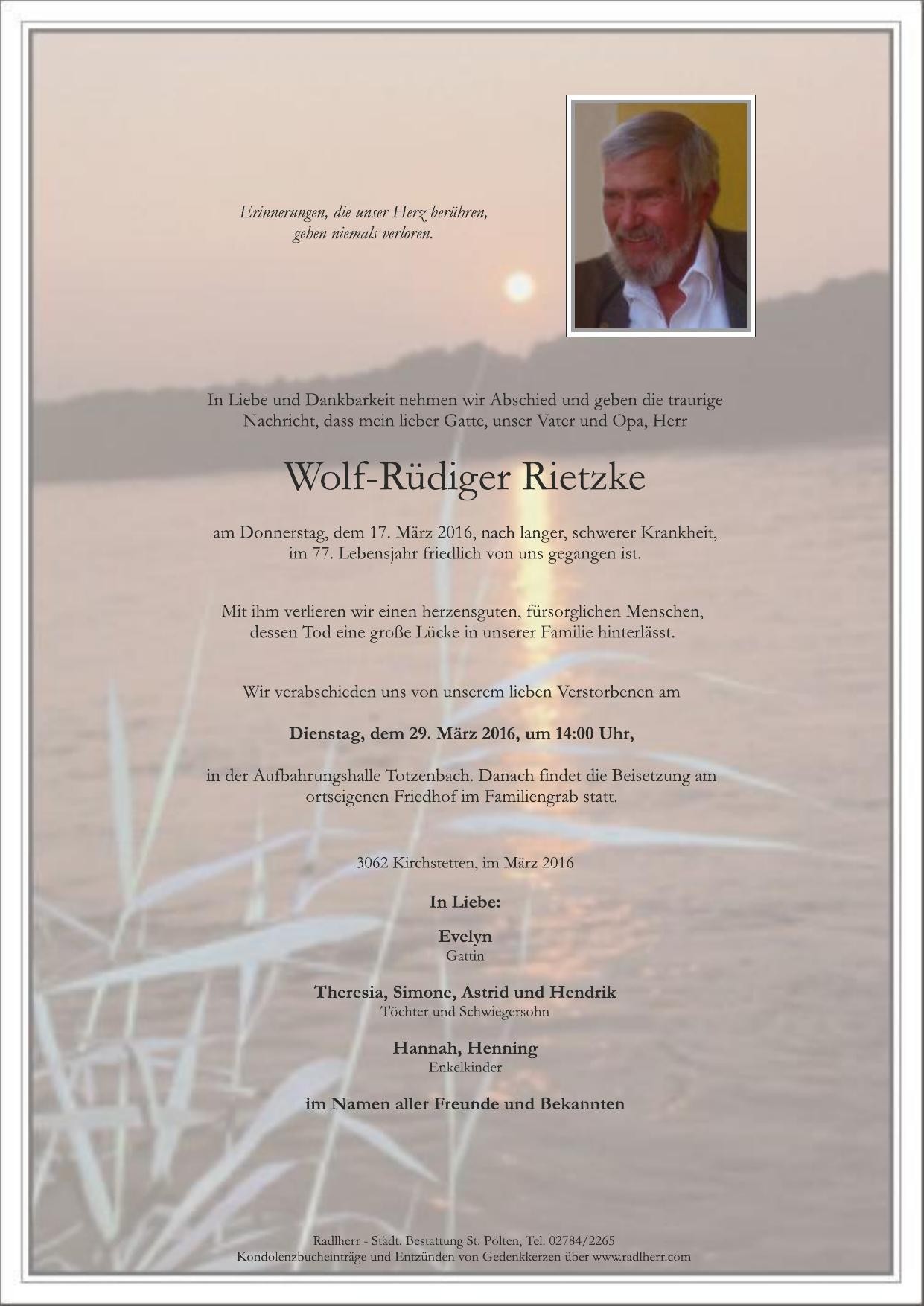 Traueranzeige von Wolf-Rüdiger Rietzke
