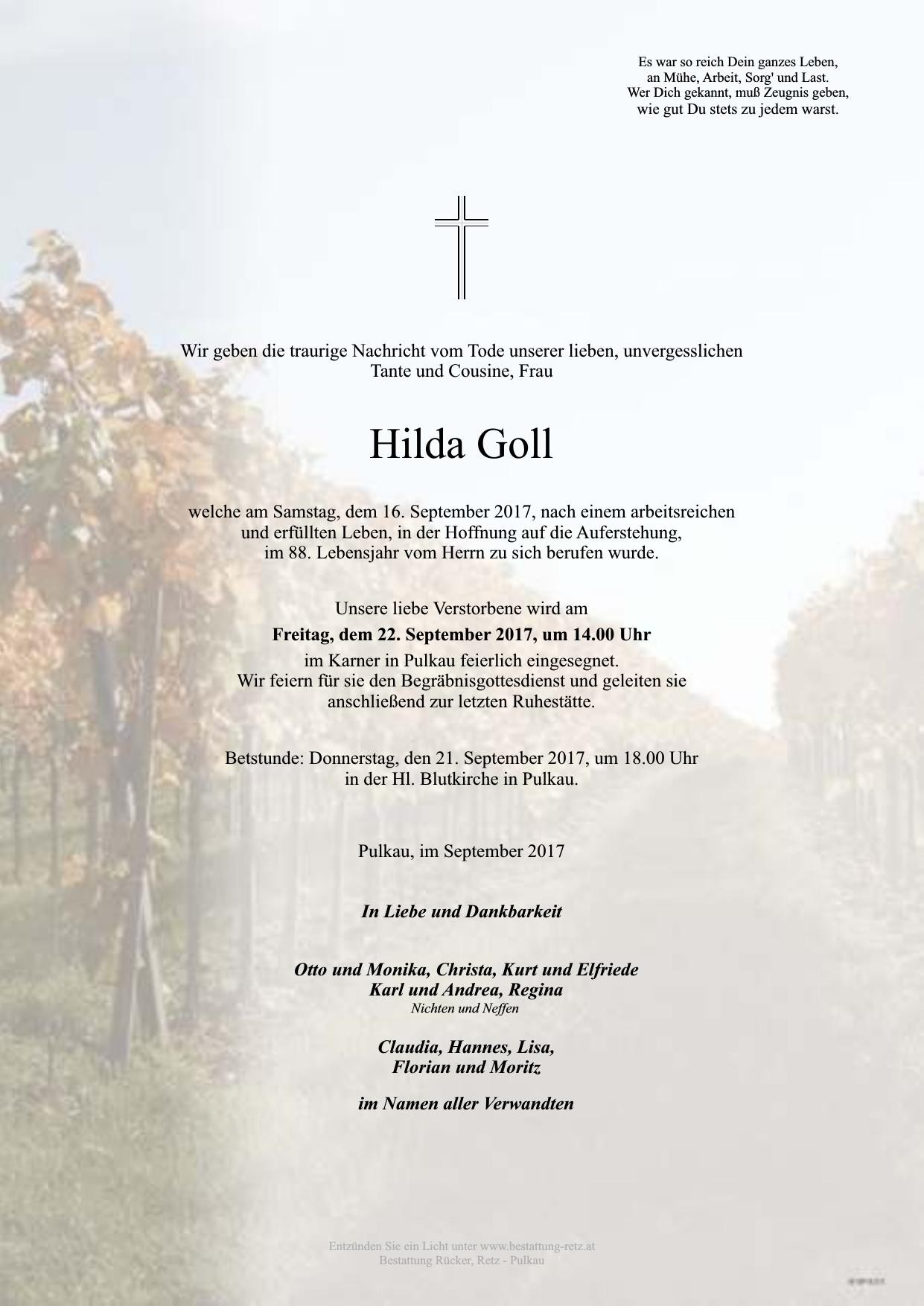 Traueranzeige von Hilda Goll