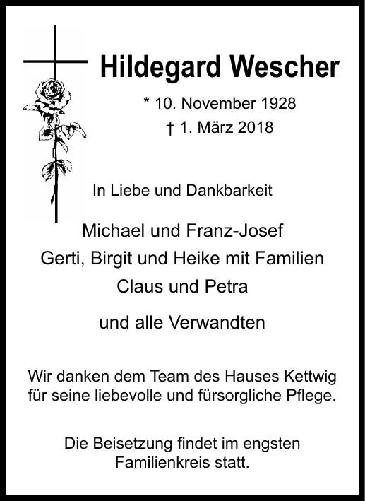 Traueranzeige von Hildegard Wescher