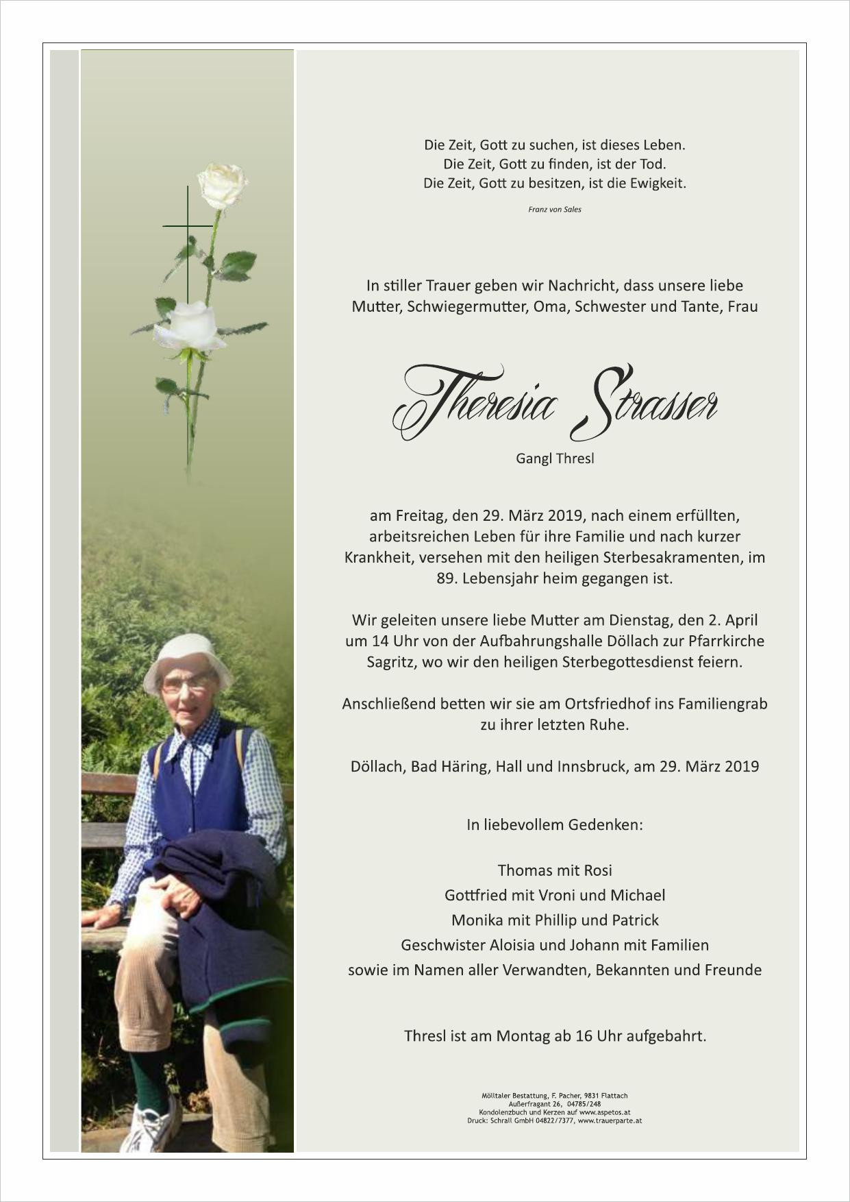 Traueranzeige von Theresia Strasser